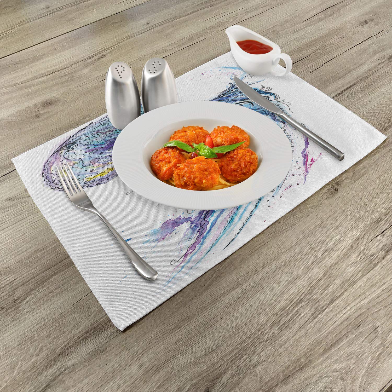 Ambesonne Jellyfish Place Mats Set of 4 - Aqua Blue Ocean Animal Print Washable Fabric Dining Table Mats - Standard Size 12x18 Inch - Perfect for Beach Themed Dinner Parties, Seafood Restaurants & Coastal Home Decor