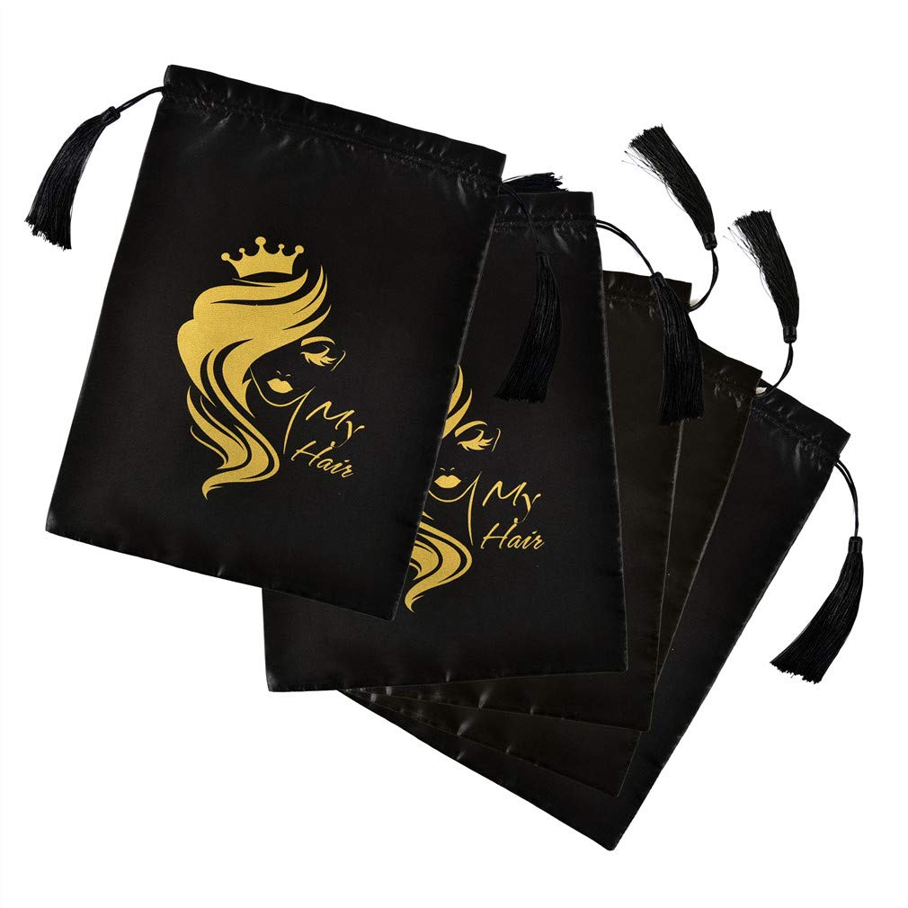 Premium Silk Wig Storage Bags - 5-Piece Set of Soft Satin Drawstring Pouches for Wigs, Hair Extensions & Tools | Travel-Friendly Hair Organizer | Ideal for Salon Professionals & Hair Care Enthusiasts | Perfect for Travel, Storage & Business Gifting (Black)
