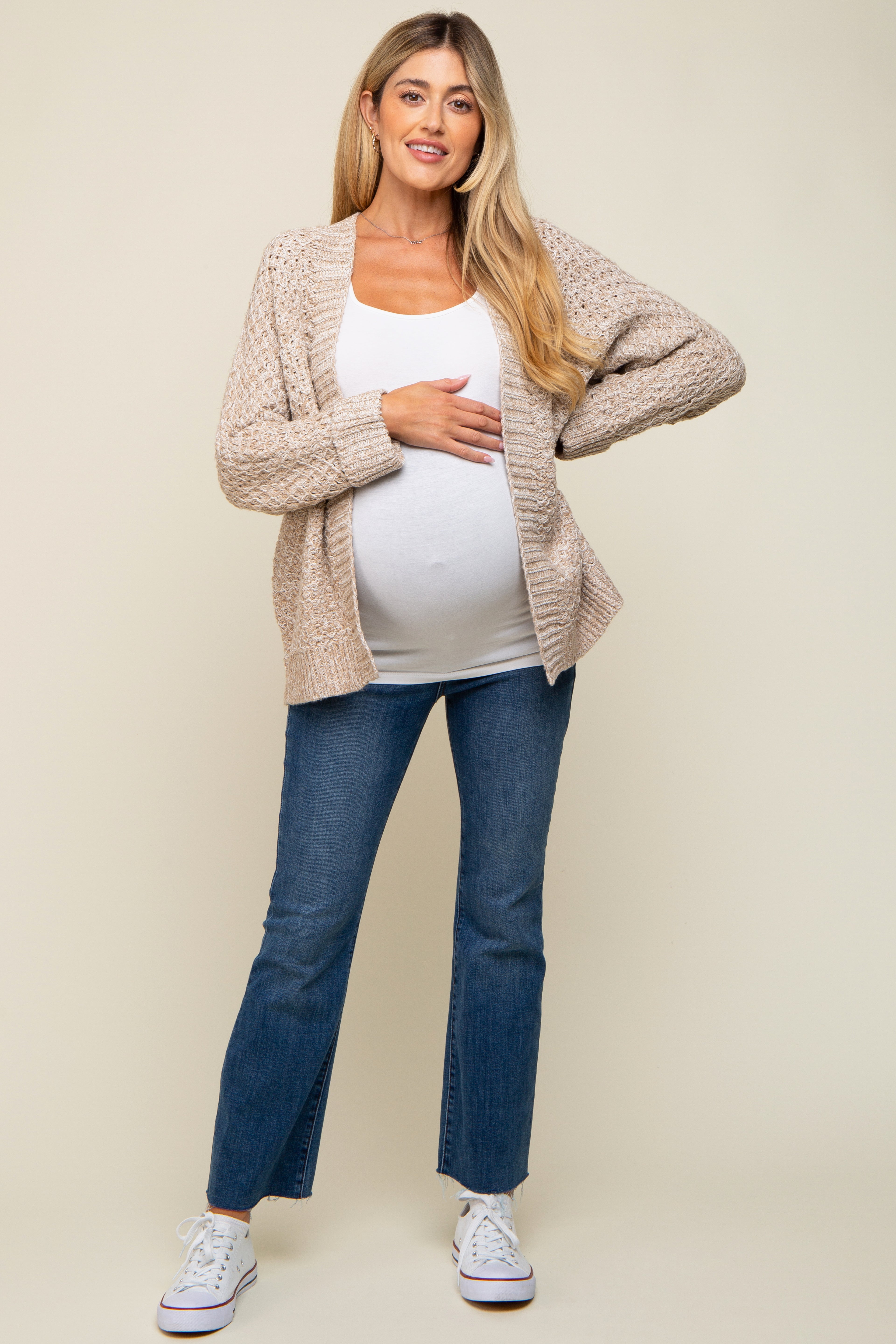 Soft Beige Knit Maternity Cardigan with Cuffed Sleeves - Cozy & Stylish Pregnancy Sweater for Nursing, Work & Casual Wear