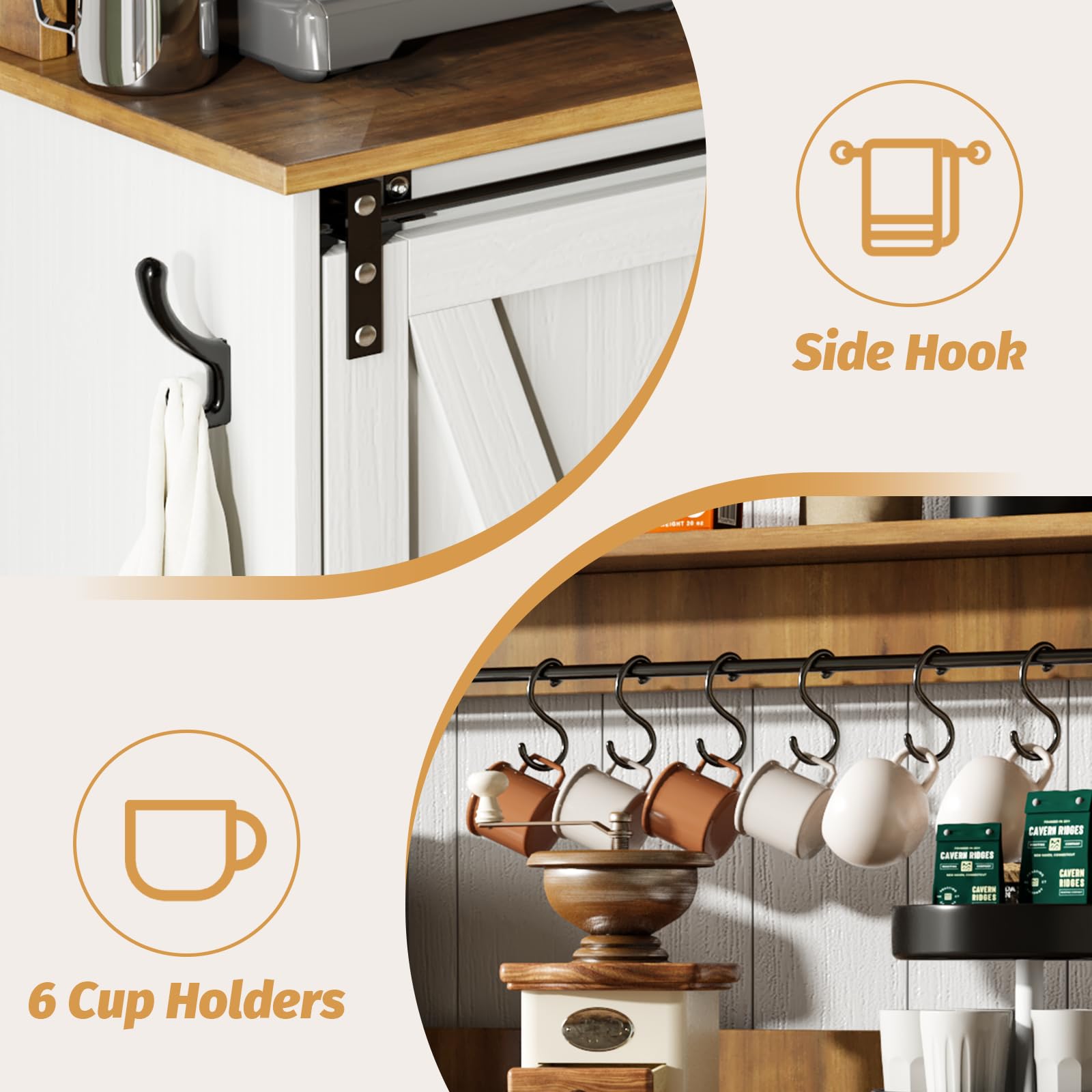 Farmhouse Coffee Bar Cabinet with 6 Hooks & 9 Wine Racks - 47
