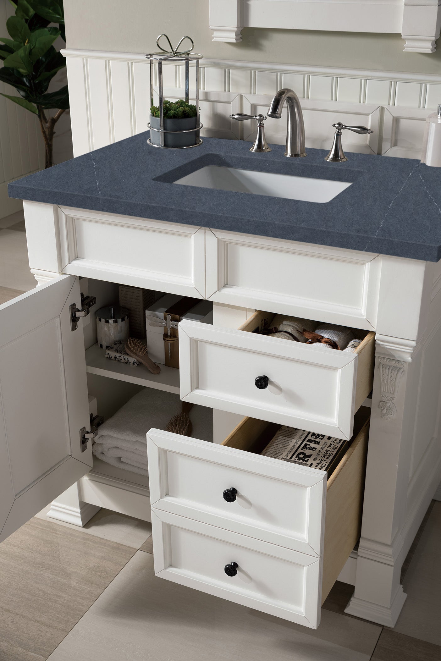 Brookfield 36 Inch Single Bathroom Vanity Set with Bright White Finish & 3CM Charcoal Soapstone Quartz Countertop - Perfect for Modern Master Bathrooms and Powder Rooms