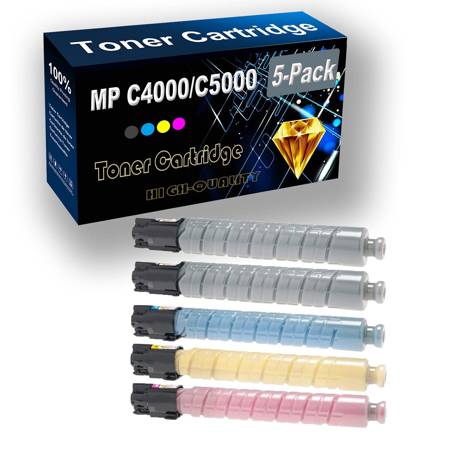 5-Pack (2BK+C+Y+M) High-Quality Compatible Toner Cartridge Replacement for Ricoh MP C4000 MP C5000 Printers (Models 841284, 841287, 841285, 841286) - Perfect for Office Printing, Document Reproduction & High-Volume Copying