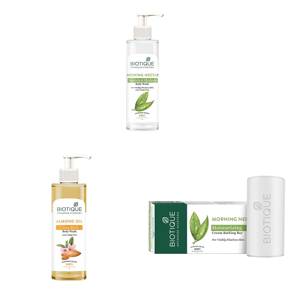 Biotique Morning Nectar Nourishing Hydrating Body Wash for Flawless Skin 200ml | Biotique Almond Oil Ultra Rich Body Wash 200ml | Biotique Bio Morning Nectar Bathing Bar 150g - Daily Skincare Routine for Soft, Glowing Skin - Perfect for Shower & Bath Time Relaxation