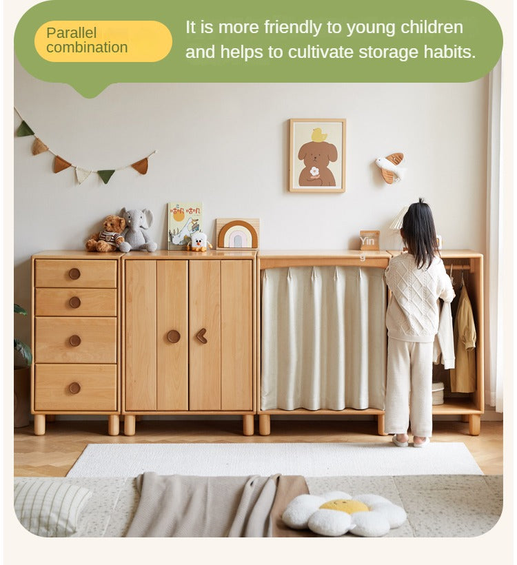 Solid Wood Beech & Rubber Kids Wardrobe - Multi-Functional Storage Cabinet for Bedroom, Nursery, and Playroom Organization