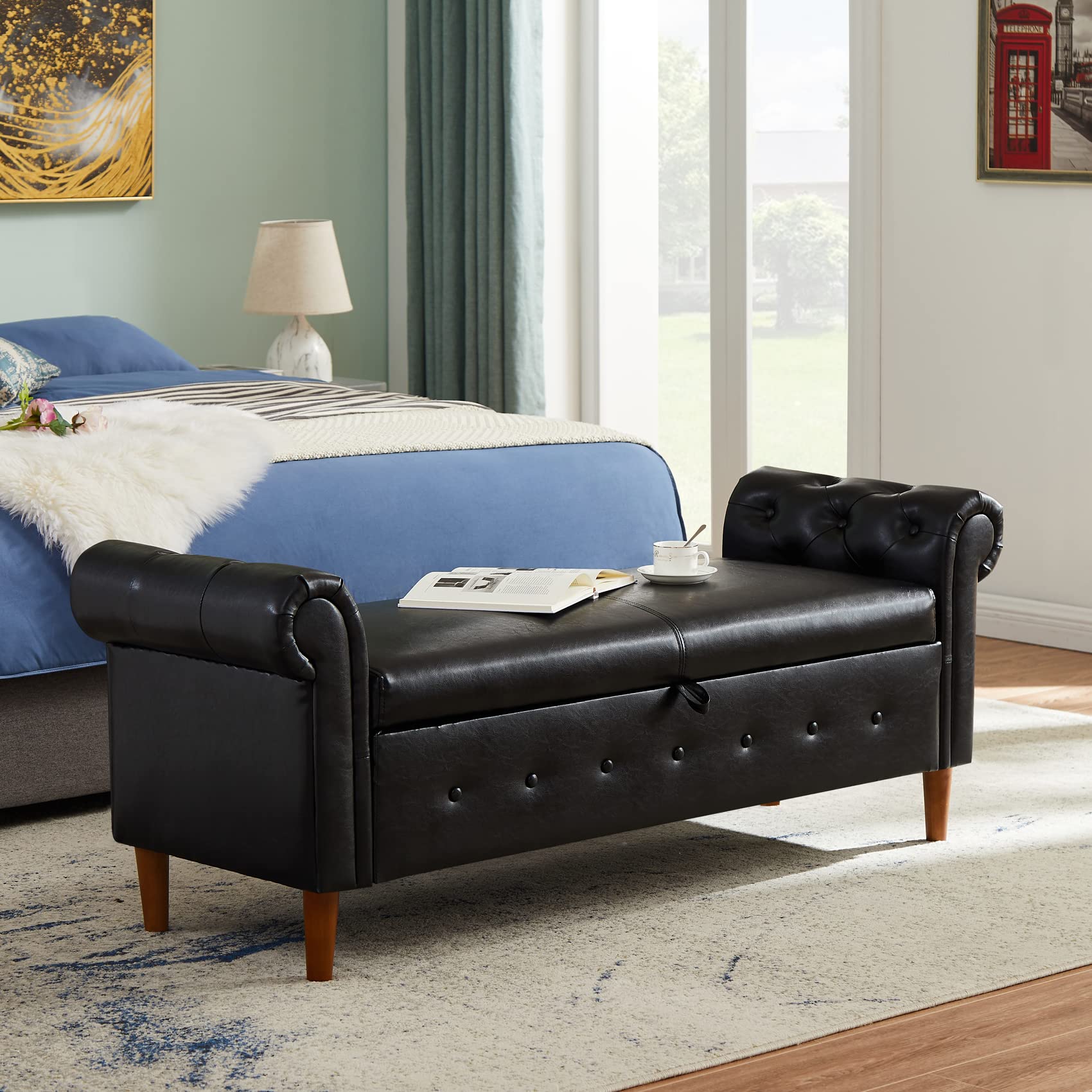 Aoowow Black PU Leather Storage Bench with Rolled Arms - Ottoman Seat for Bedroom, End of Bed, Window Sitting, Fireplace, Toy Storage | Durable & Stylish Home Decor