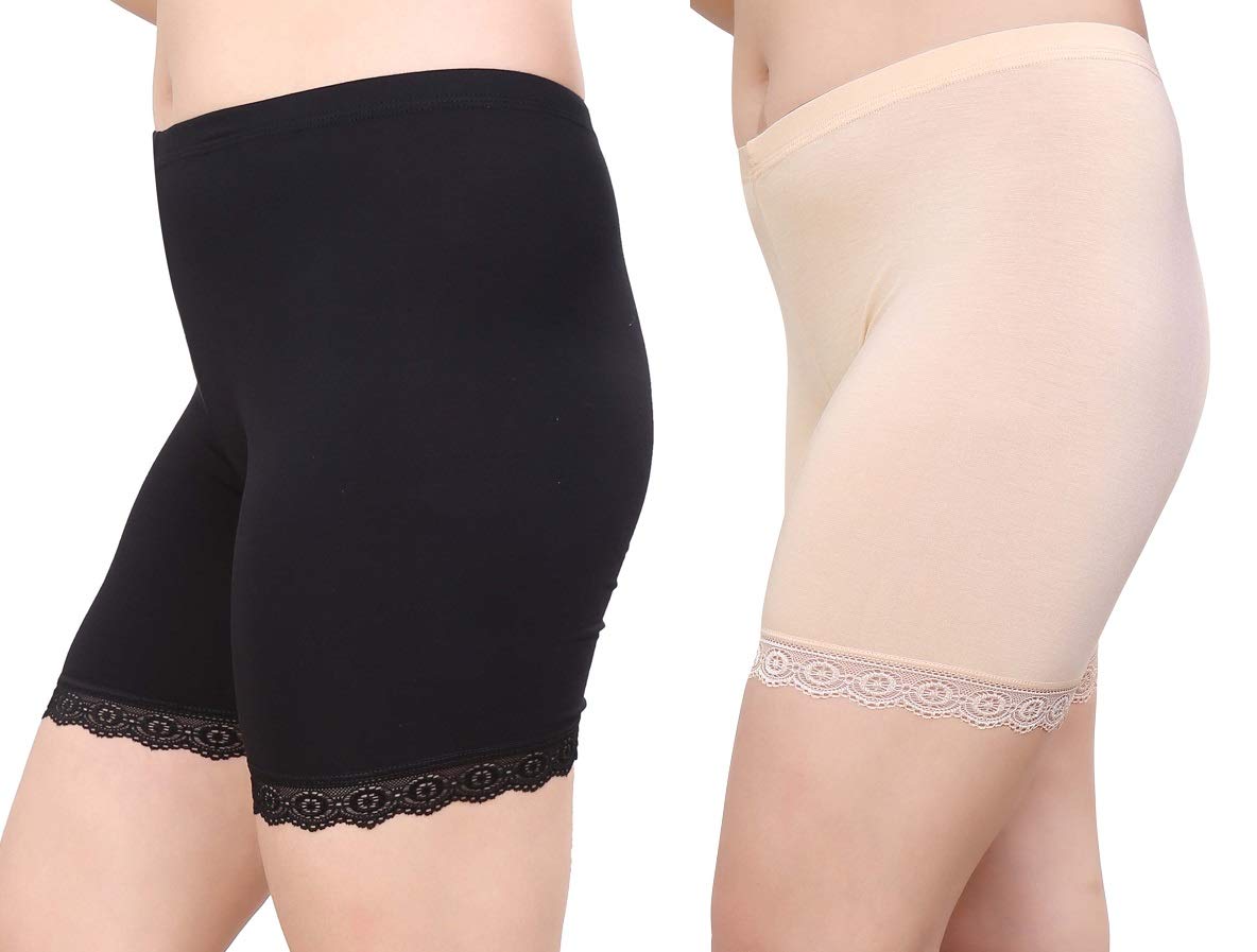 GLAMORAS® Women's 4-Way Stretch Cotton Lace Biker Shorts - Yoga, Skirt Safety & Cycling Shorts (2-Pack) | Perfect for Workouts, Running & Everyday Wear