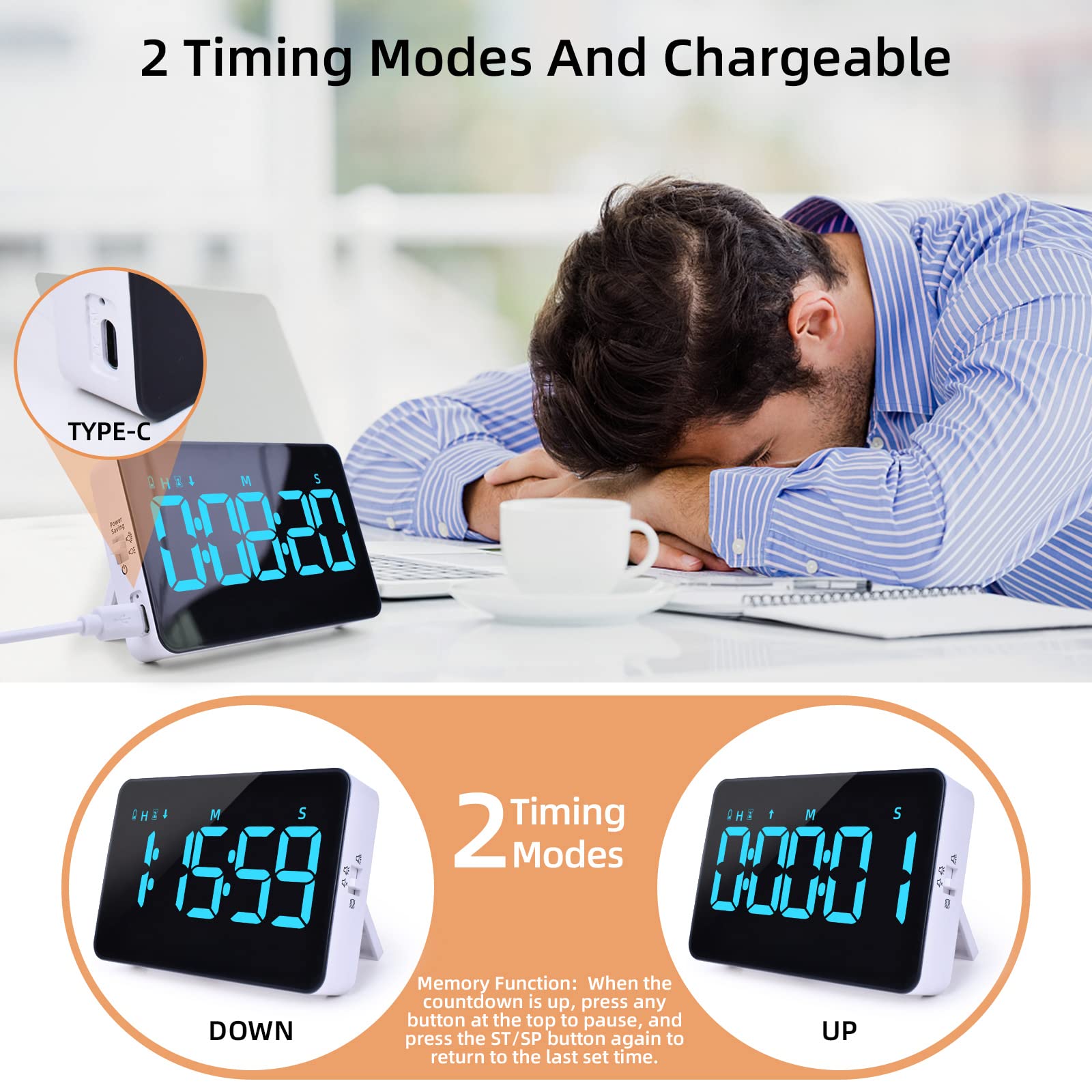 Rechargeable Digital Kitchen Timer with Magnetic Back - Countdown/Countup, 5