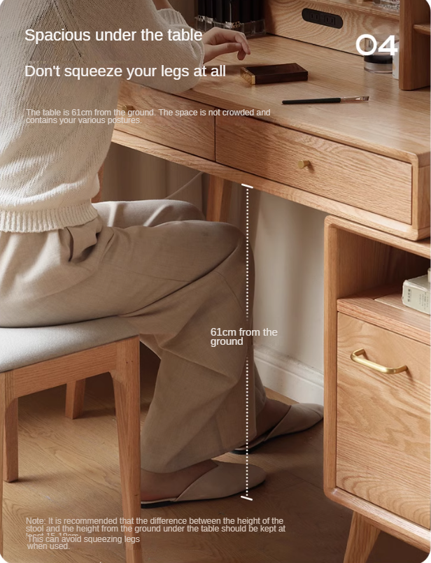 Solid Oak Wood Extendable Vanity Dressing Table with Mirror - Perfect for Bedroom Makeup & Jewelry Storage