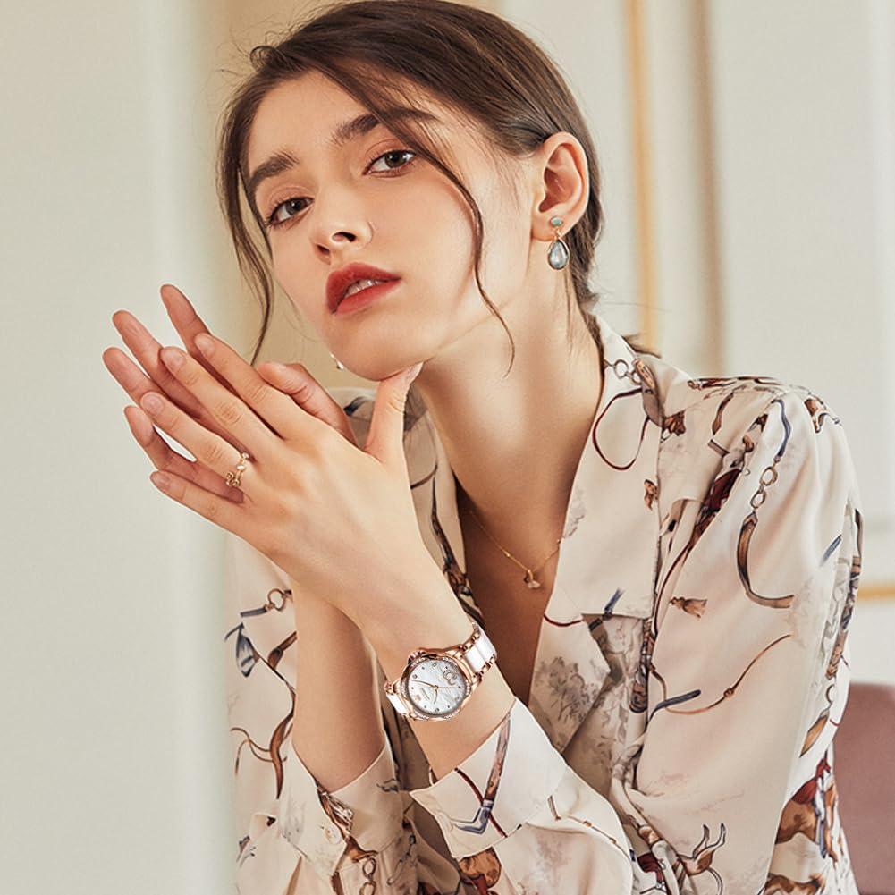 OLEVS Women's Luxury Diamond Automatic Self-Winding Watch - Elegant Stainless Steel & Ceramic Dress Watch with Luminous Hands, Waterproof for Daily Wear - Perfect for Office, Parties & Special Occasions