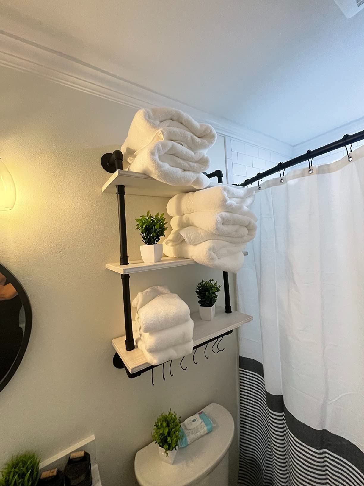 ROGMARS 3-Tier Industrial Pipe Shelving - 24 Inch Rustic Farmhouse Bathroom Wall Shelf with Towel Bar, Retro White - Perfect for Over Toilet Storage, Bathroom Organization & Farmhouse Decor