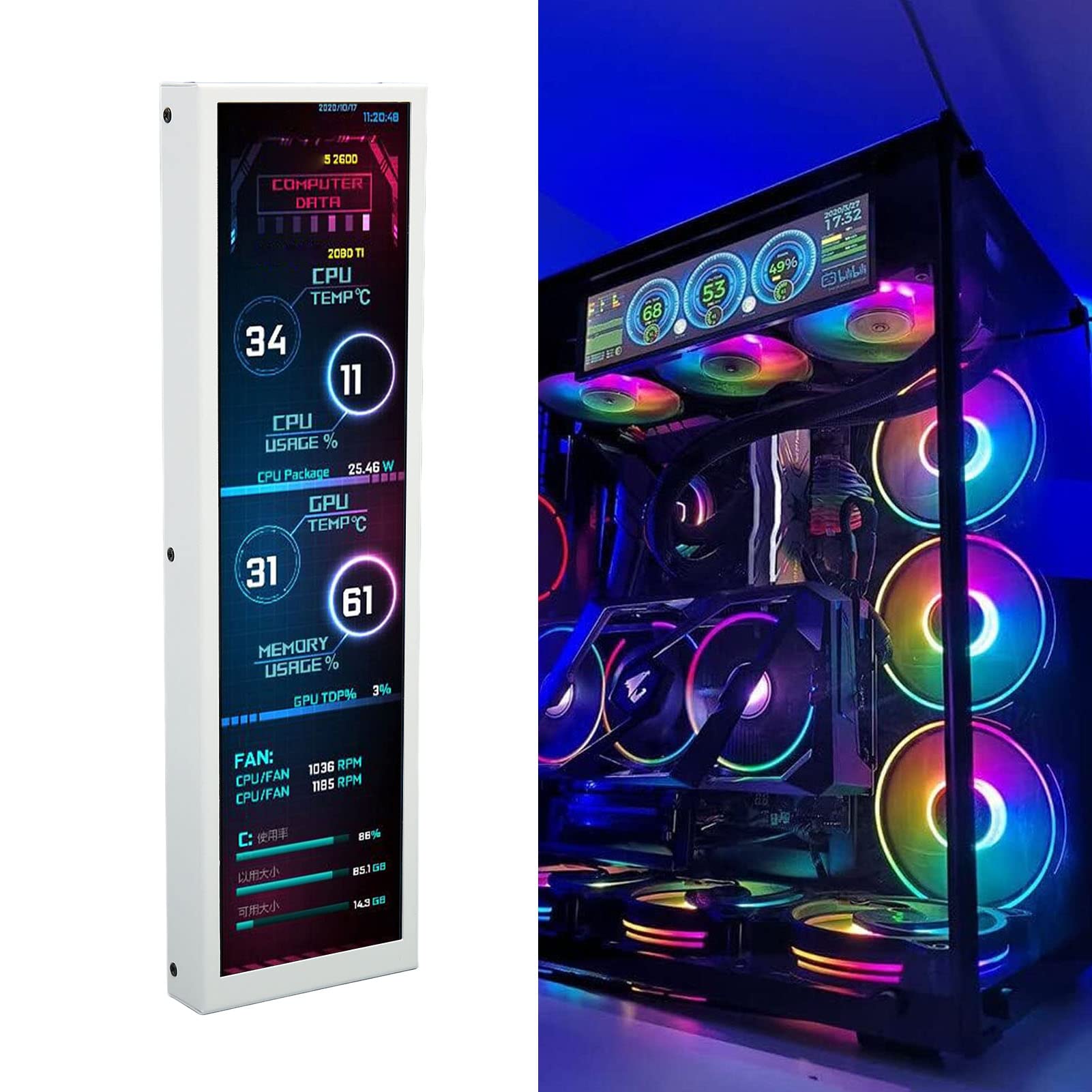 8.8 Inch IPS PC Temperature Monitor with Theme Editor - USB Powered CPU/GPU Data Display for Windows & Raspberry Pi - Perfect for Gaming Rigs & Home Office Setups