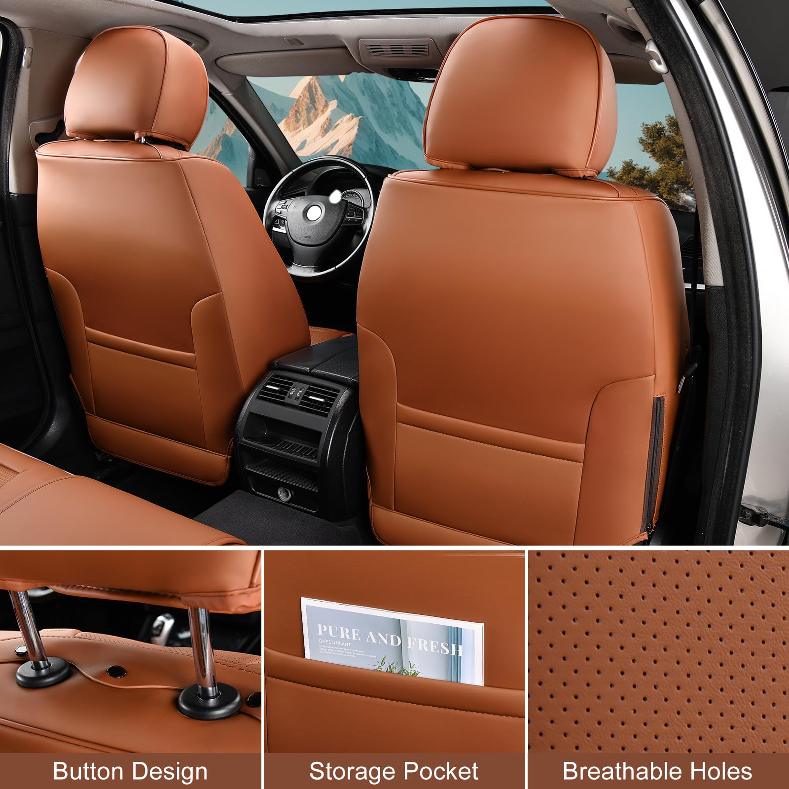 Premium Breathable Leather Car Seat Covers Full Set - Front & Rear Seats with Headrests | Universal Fit for Most Vehicles | Reduces Driving Fatigue | Perfect for Daily Commutes, Road Trips & Long Drives (Brown)