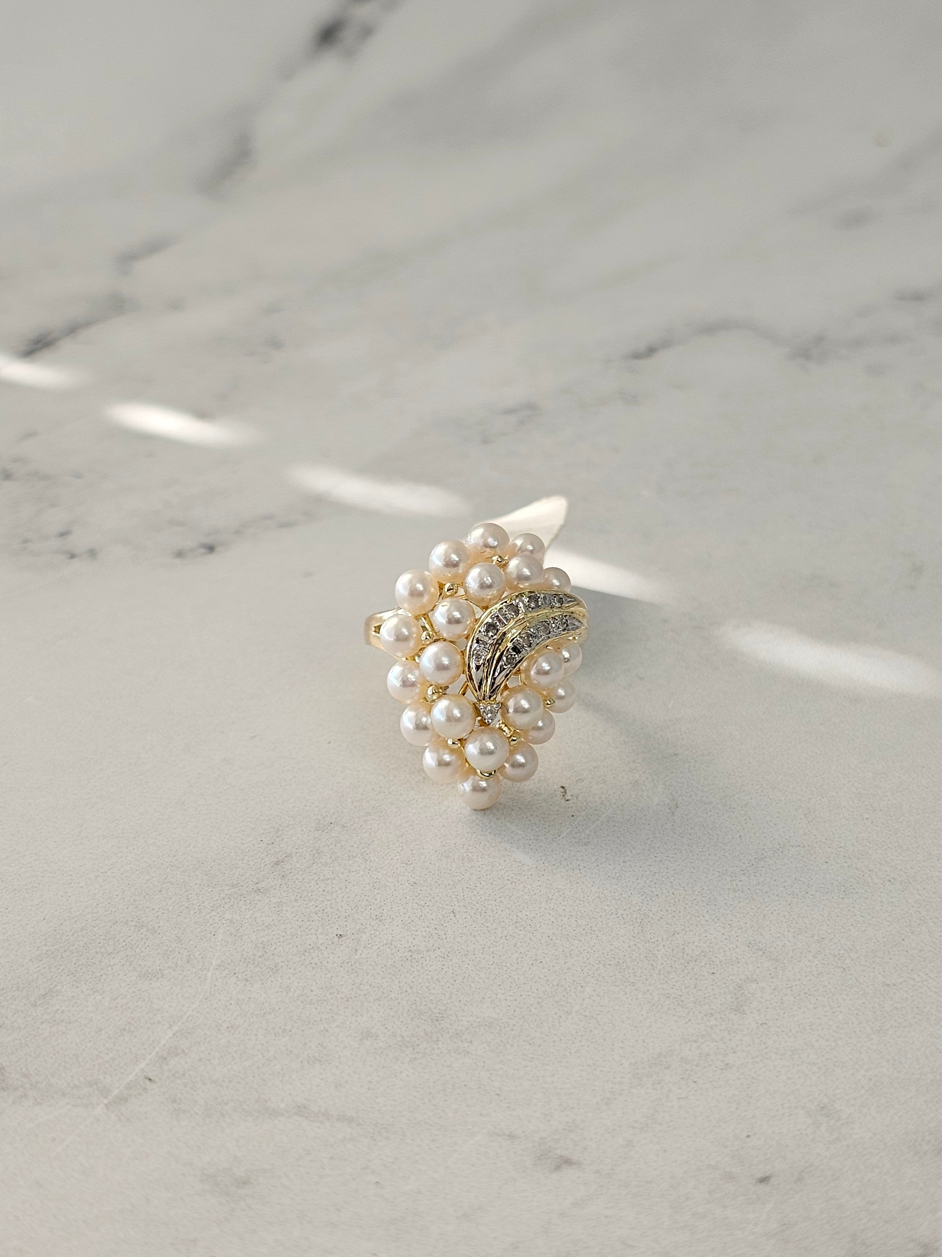 14K Yellow Gold Large Pearl Cluster Ring with Diamond Accents - Elegant Bridal Jewelry & Special Occasion Gift for Women