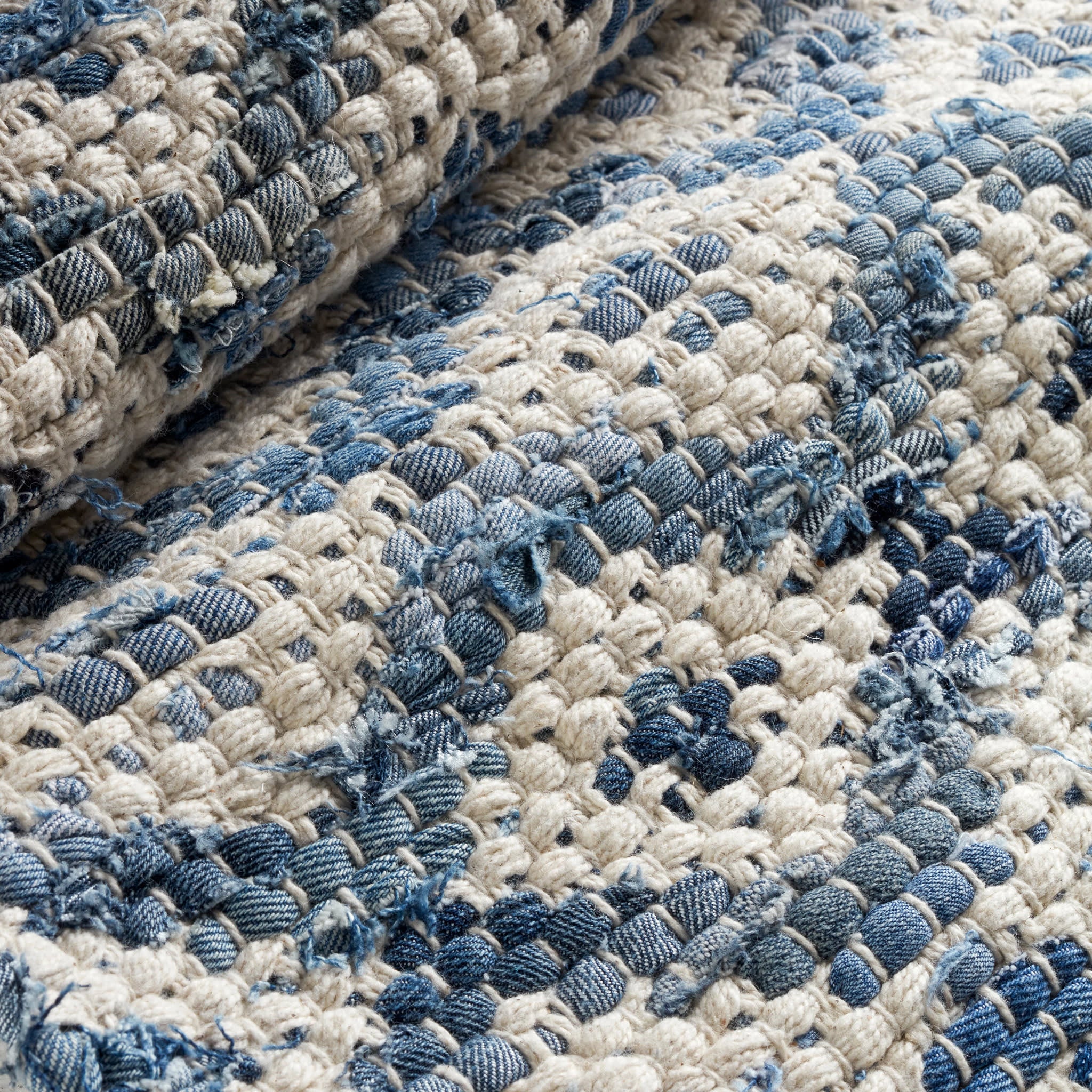 Handwoven Cotton Denim Rag Diamond Rug - Ivory | Boho Chic Home Decor for Living Room, Bedroom & Nursery