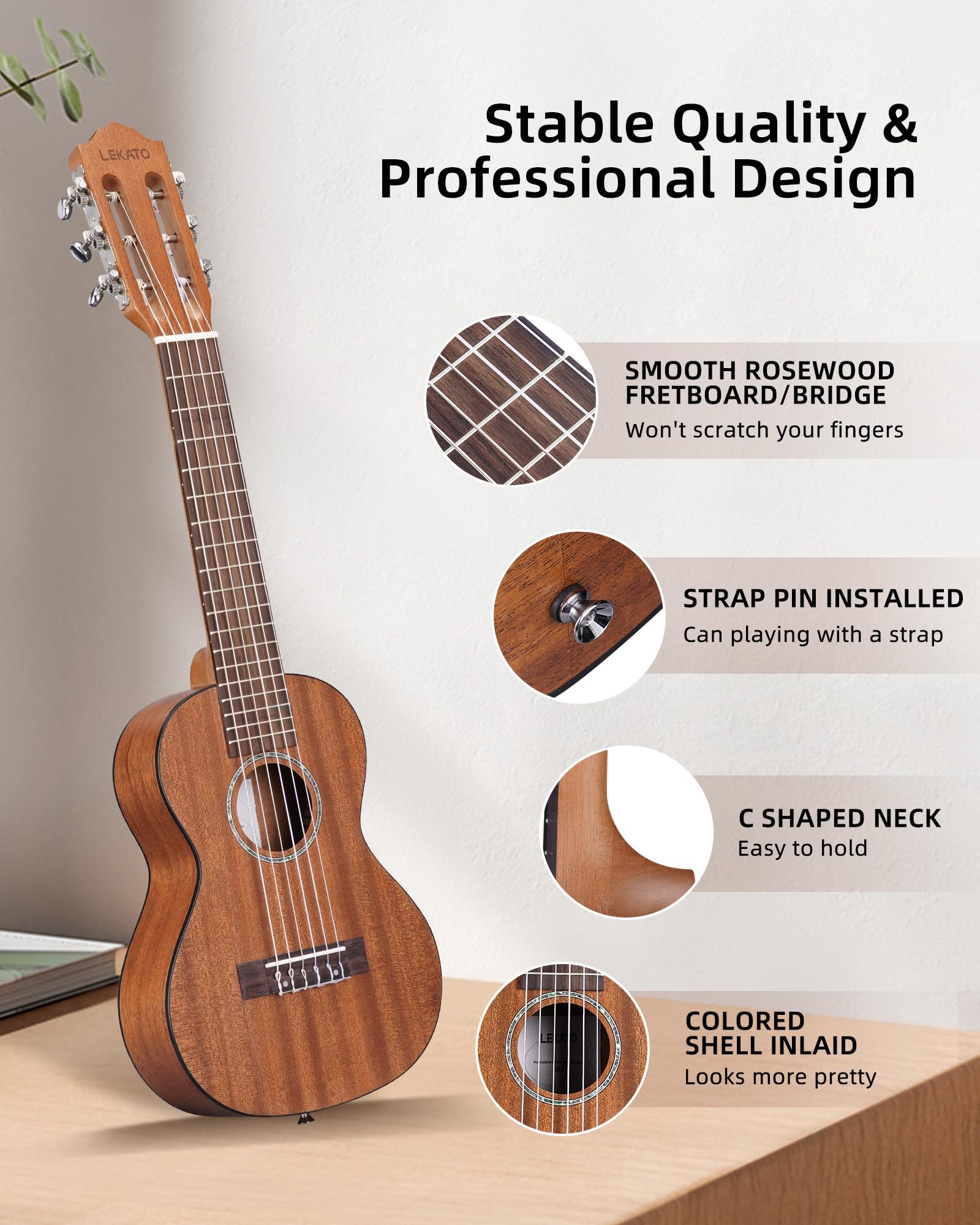 LEKATO GT-800 Mahogany Guitalele 6-String 28-Inch Beginner Guitarlele | 1/4 Size Classical Guitar | Small Hawaiian Travel Guilele with Gig Bag, Strap & Picks | Perfect for Travel, Camping & Beginners Learning Ukulele