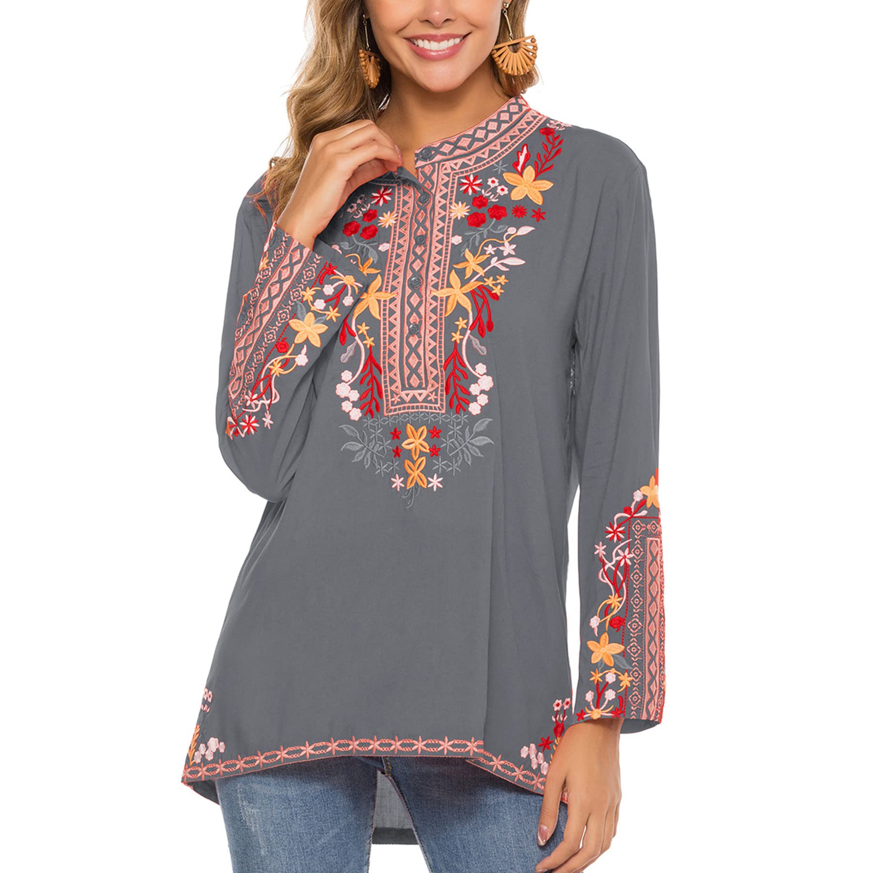 Laura Klein Embroidered Long Sleeve Boho Blouse for Women | Mexican Peasant Tunic Top | Loose Casual Shirt for Fall | Perfect for Festivals, Vacations & Boho-Chic Outfits