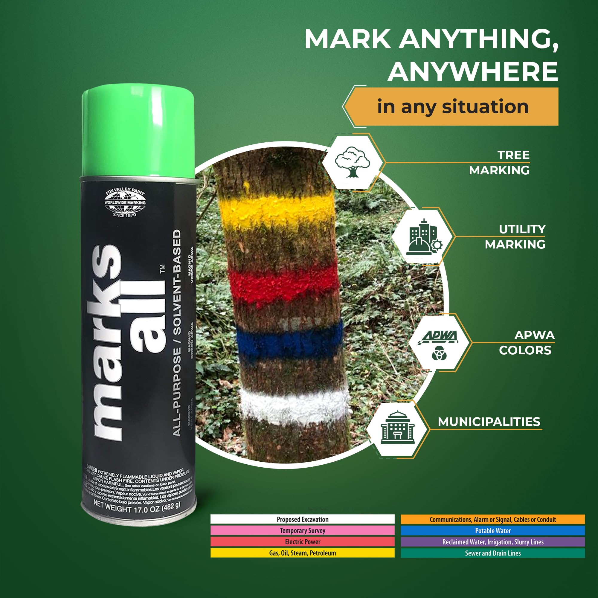 Fox Valley Marks All Utility Marking Paint Spray Can - 18 oz (Pack of 12), Fluorescent Green - Lawn, Tree, Driveway, Parking Lot & Grass Marking Paint for Easy Landscape, Construction & Property Maintenance
