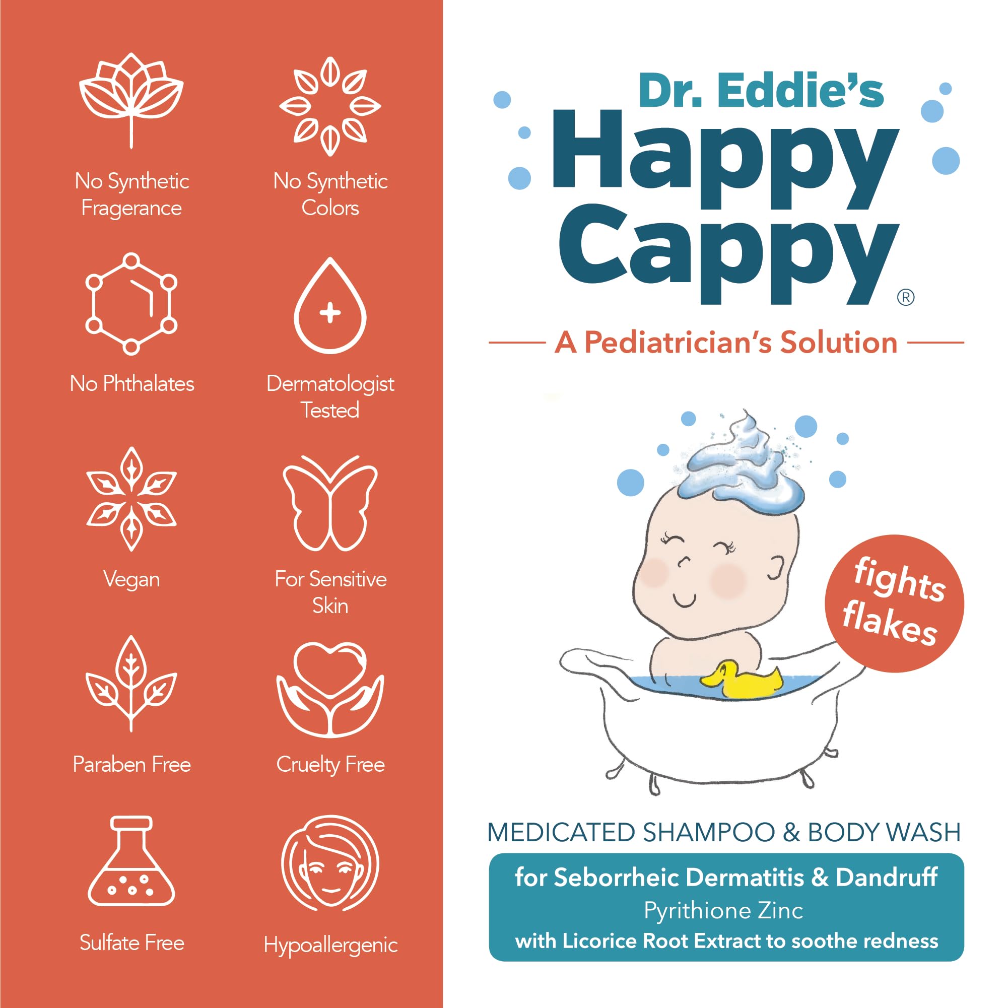 Happy Cappy Dr. Eddie’s Medicated Shampoo & Body Wash for Babies - Fragrance-Free Baby Dandruff Shampoo for Cradle Cap & Seborrheic Dermatitis - Soothes Redness & Irritation - Dermatologist Tested - 8 Fl Oz (Pack of 4) - Gentle Daily Wash for Newborns & Sensitive Skin