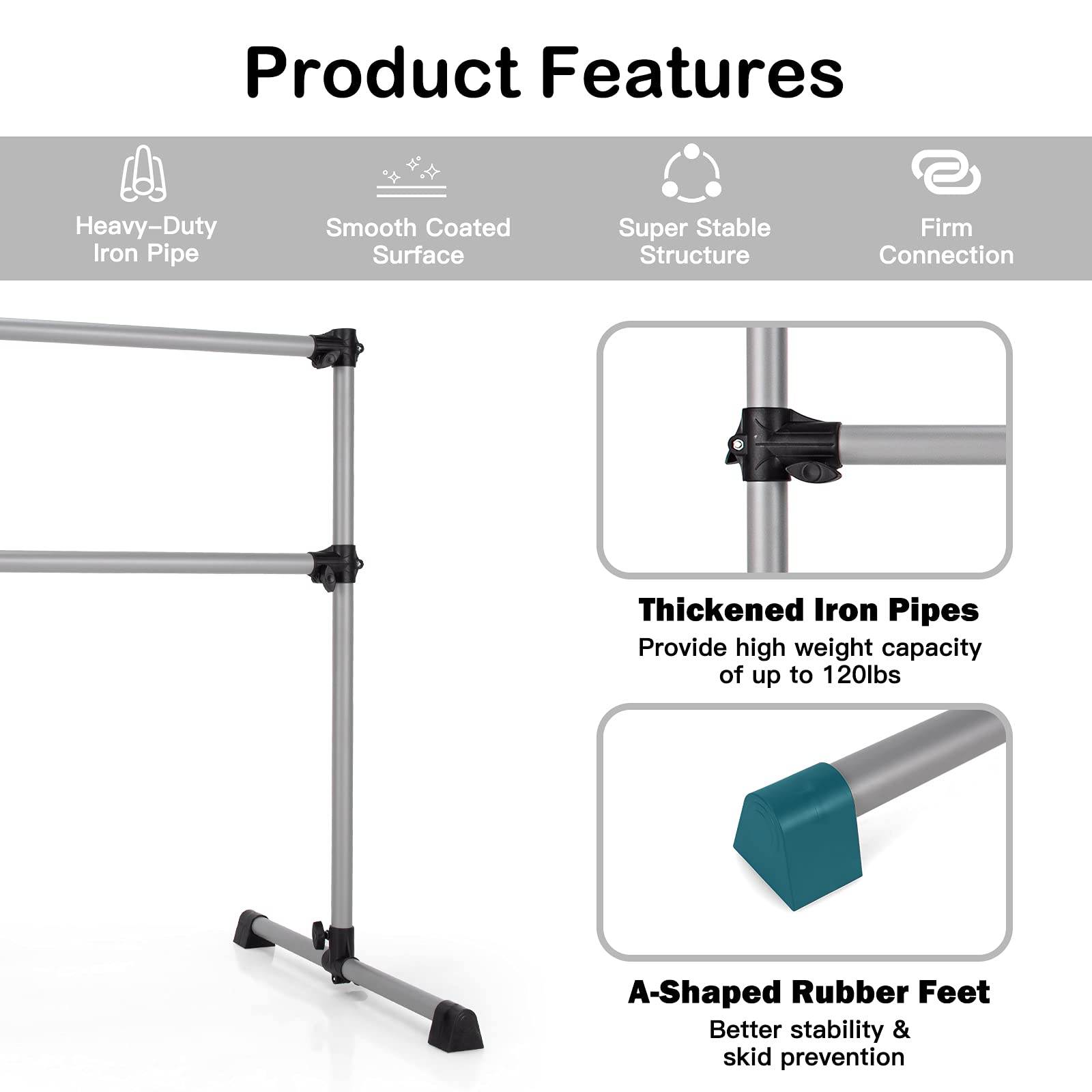 Goplus 4 FT Double Ballet Barre Bar - Adjustable Height 7” to 46”, Portable Freestanding Dance Bar for Home, School & Gym - Perfect for Ballet, Barre Workouts & Dance Training (Kids & Adults) - Ideal for Home Studios, Dance Classes & Fitness Routines