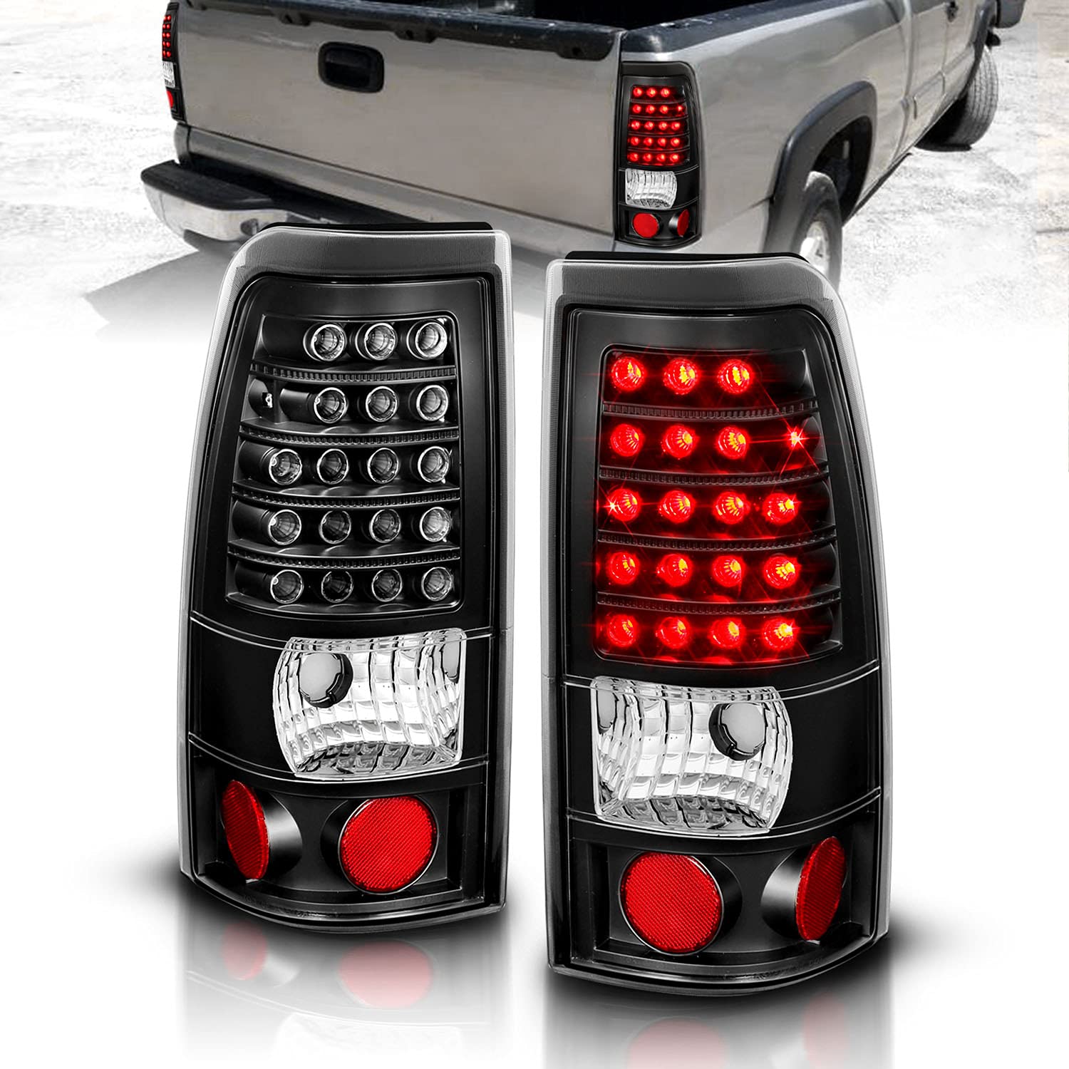 AmeriLite Black LED Replacement Brake Tail Lights Set for 1999-2002 Chevy Silverado & 1999-2006 GMC Sierra - Left & Right Side - Durable, Bright LED Lights for Enhanced Safety - Perfect for Night Driving, Off-Roading, and Towing