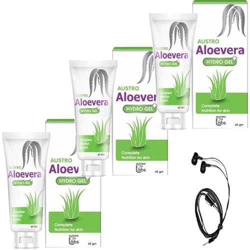 **Austro Aloe Vera Hydro Gel for Skin Cleansing & Hydration - 60ml x 3 Pack with Free Earphone - Perfect for Travel, Gym & Daily Skincare Routine**