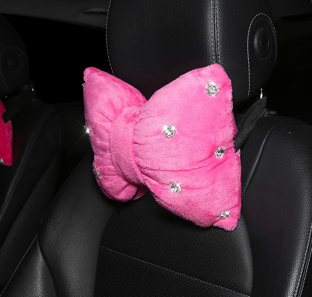 **Comfortable Car Headrest Pillow for Driving - Soft Neck Support Cushion with Shining Bowknot Design, Set of 2 (Pink) - Perfect for Long Road Trips & Commuting**