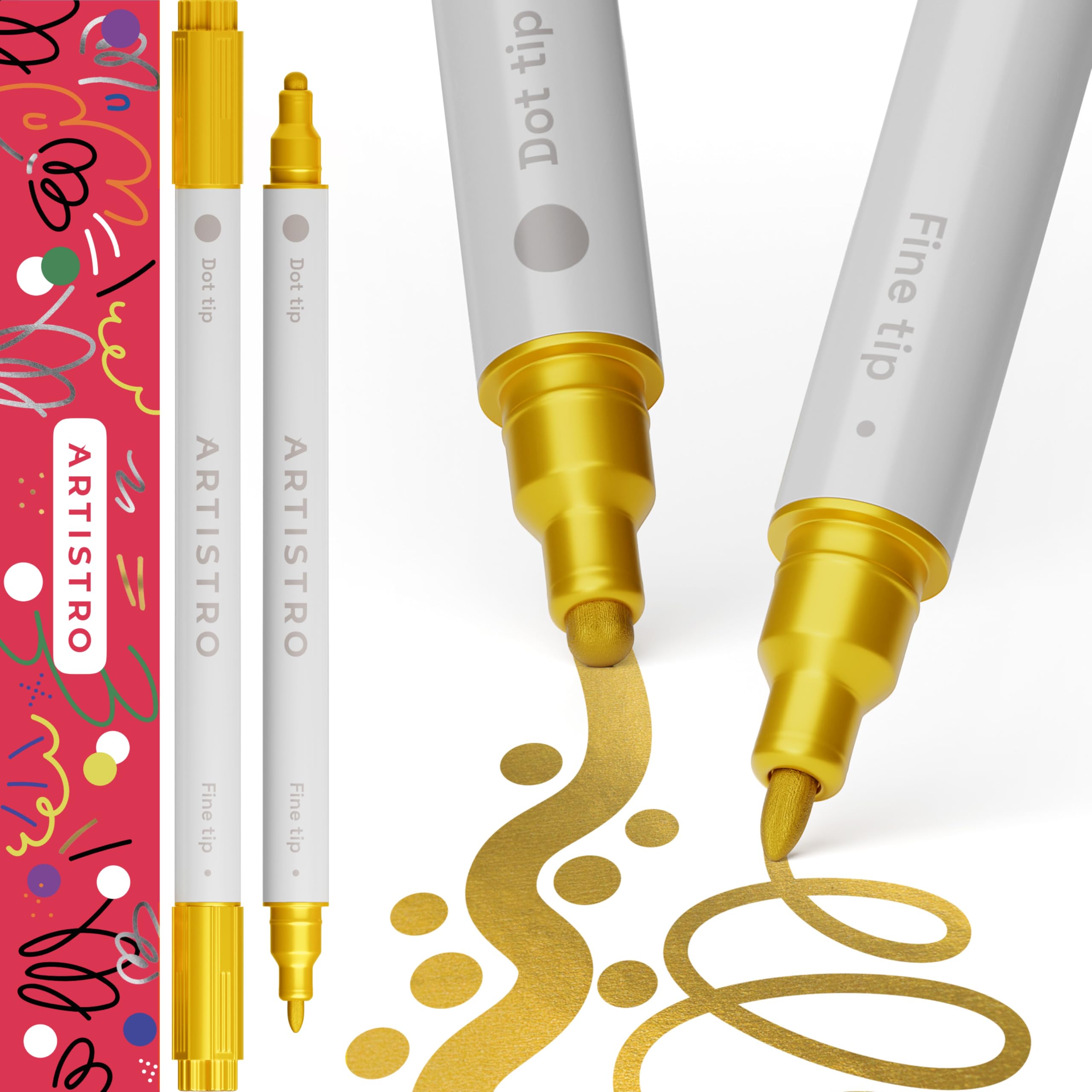 ARTISTRO 2-Pack Gold Acrylic Paint Pens - Dual Tip Markers (1mm Fine & 5mm Dot) for Fabric, Canvas, Rock, Glass, Wood, Paper - Perfect for DIY Crafts, Home Decor, Kids & Adult Art Projects