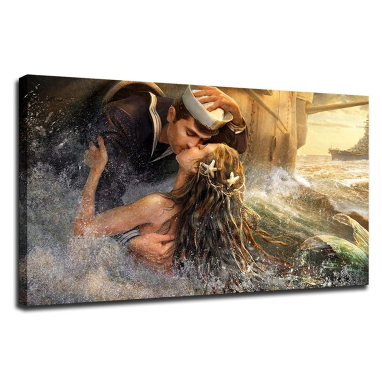 NATVVA Sea Ships Sailor Mermaid Kiss Canvas Wall Art - Ocean Themed Painting for Home Decor, Living Room, Bedroom & Office - Unframed Poster Print Gift Idea for Beach House & Nautical Lovers