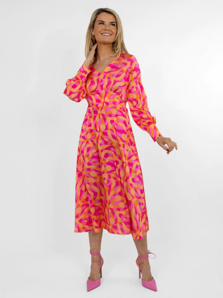 Birkin Midi Dress for Women - Floral Print Summer Dress in Pink & Orange | Perfect for Beach, Vacation, and Casual Outings