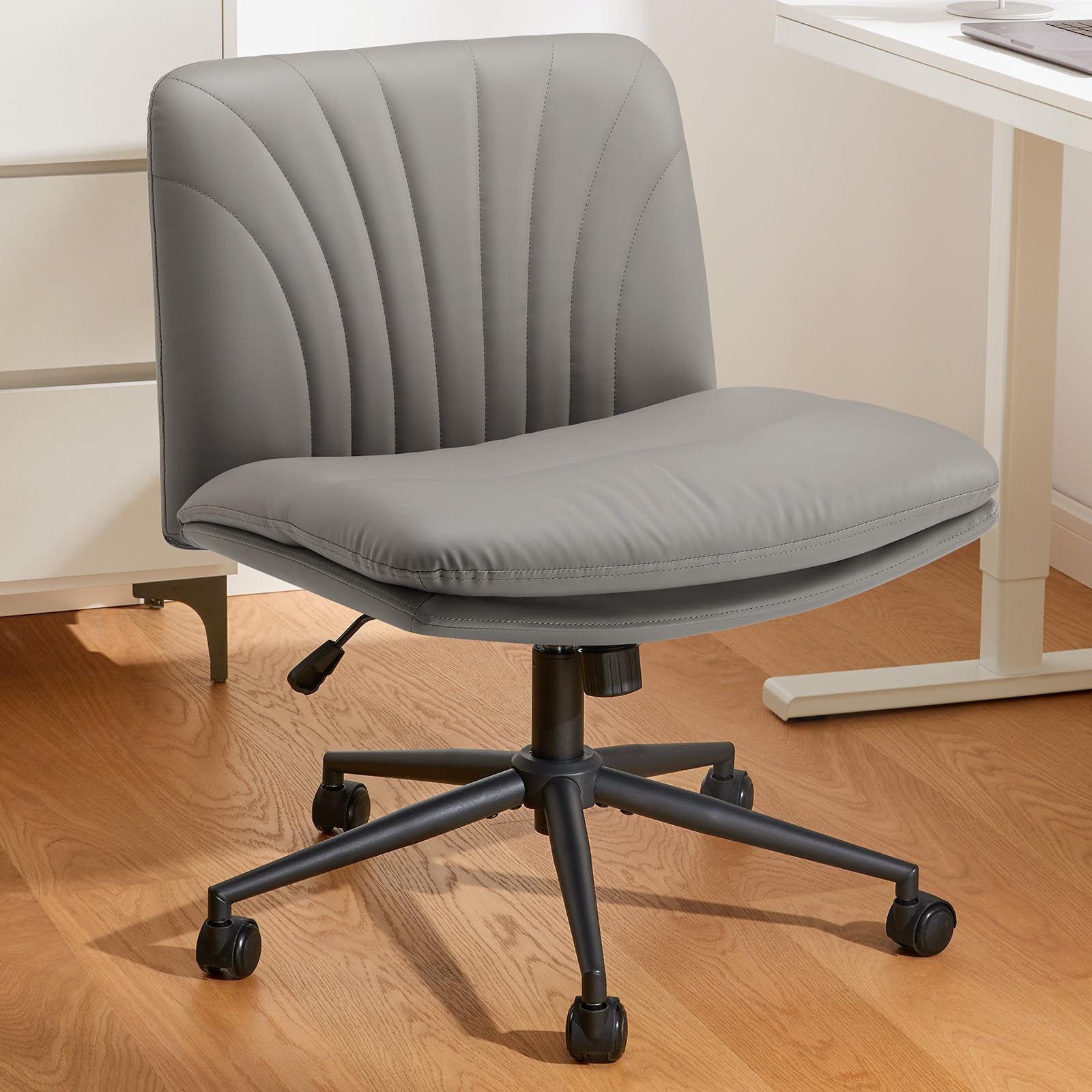 Marsail Armless Office Desk Chair with Wheels - PU Leather Cross Legged Wide Computer Chair, Adjustable Swivel Task Chair for Home & Office, Small Space Solution (Grey) | Perfect for Workstations, Gaming, Makeup Vanity & Bedroom Use