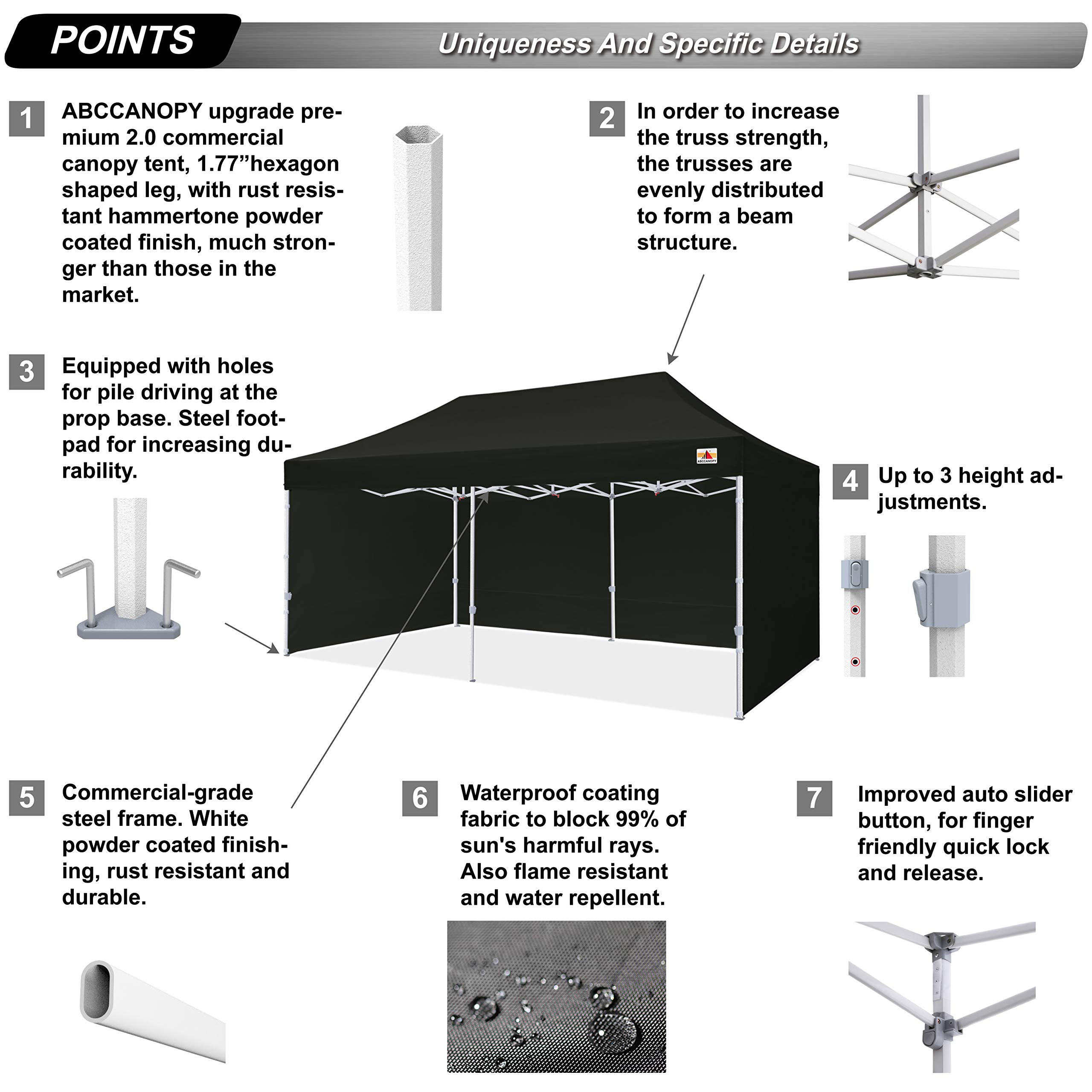 ABCCANOPY Premium 10x20 Commercial Instant Shade Canopy Tent - Heavy Duty Pop Up Shelter for Outdoor Events, Farmers Markets, Beach & Backyard Use - Black