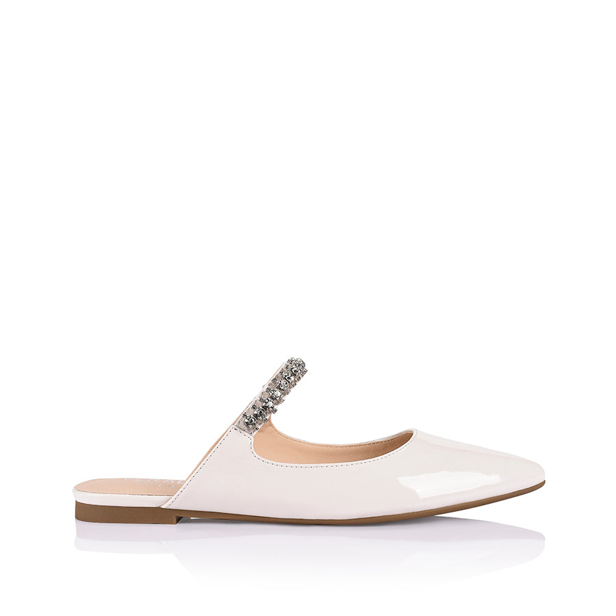Isabel Crystal Flat Mules - Ivory Patent Leather Slip-On Shoes for Women | Comfortable & Stylish Summer Sandals for Beach, Wedding & Casual Outings