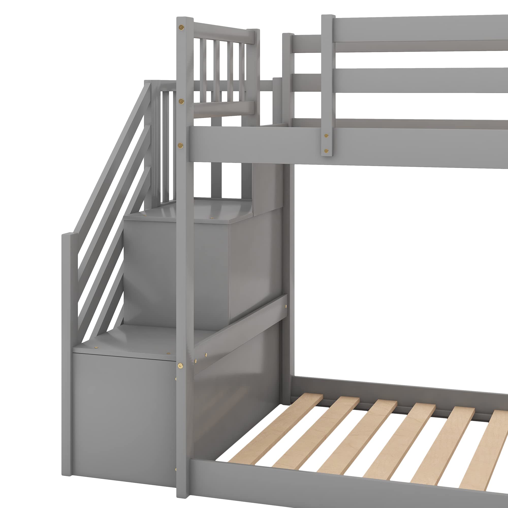 Harper & Bright Designs Twin Bunk Bed for Kids - Solid Wood Low Bunk Bed with Slide & Stairway, Space-Saving Gray Bunk Bed - Perfect for Kids' Bedroom, Dorm Room or Small Spaces