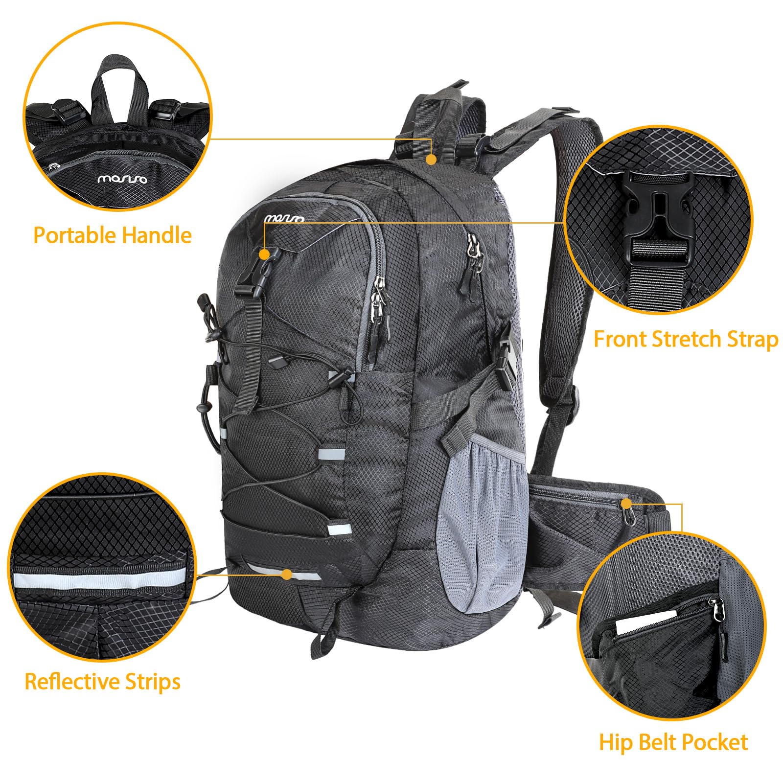 MOSISO 30L Lightweight Hiking Backpack for Men & Women - Foldable Daypack with 2 Front Pockets & Elastic Cord Strap - Perfect for Travel, Camping, Hiking & Outdoor Adventures - Black
