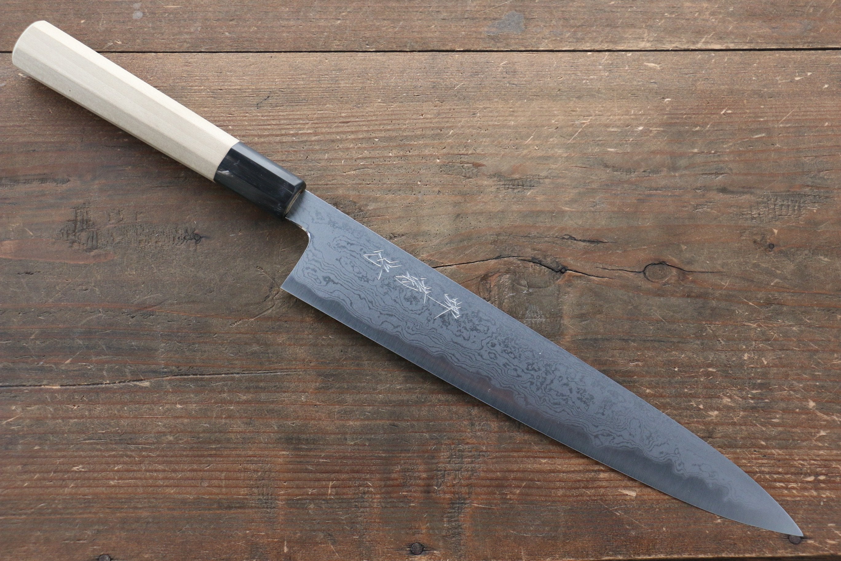 Premium Kikumori Blue Steel No.1 Damascus Sujihiki Knife 240mm - Japanese Chef Knife with Magnolia Wood Handle - Perfect for Slicing Sashimi, Meat & Sushi Preparation