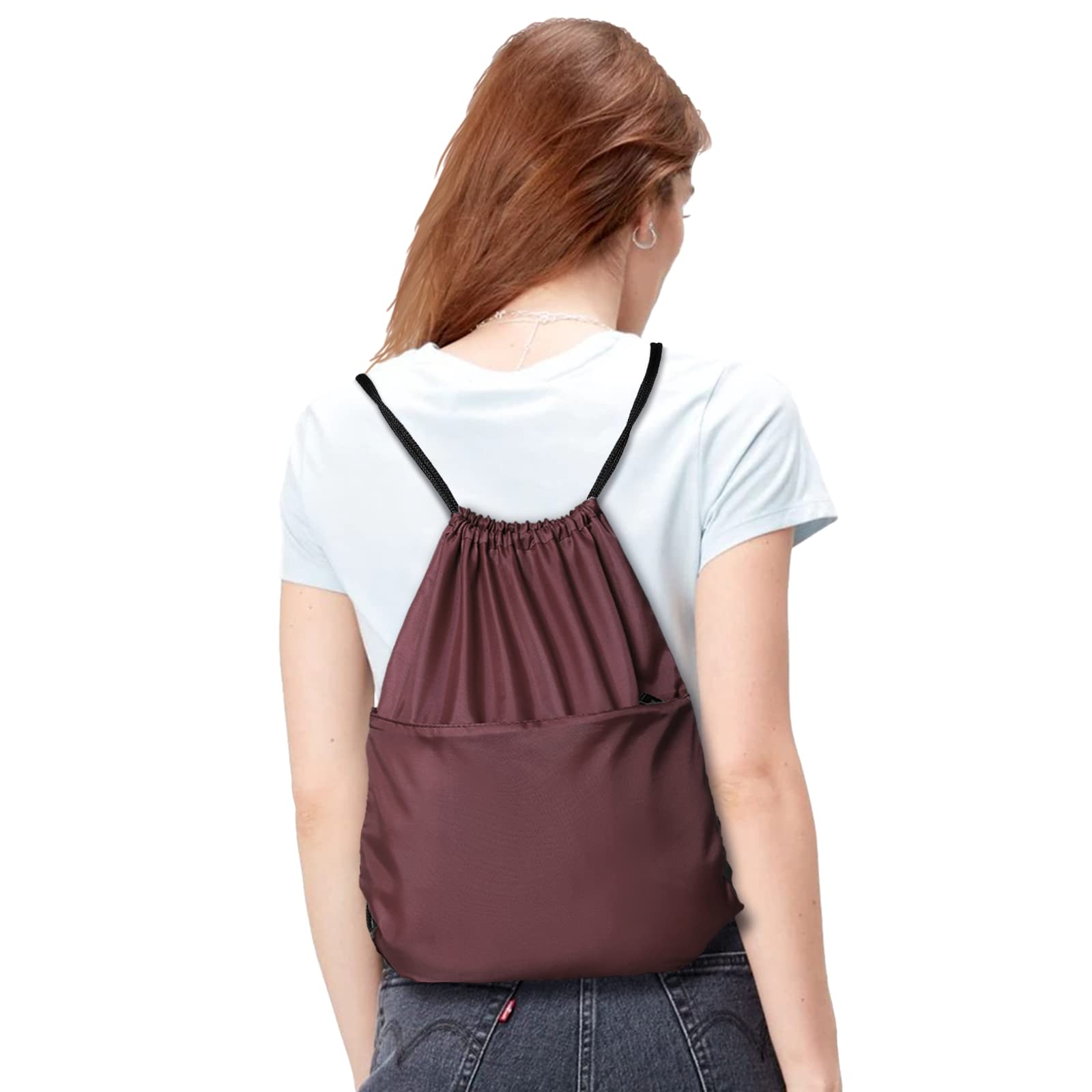 210D Nylon Foldable Drawstring Backpack with Zipper Side Pocket - Lightweight Sports Gym Tote Bag for Men & Women (Burgundy) - Perfect for Workouts, Travel, School & Outdoor Activities