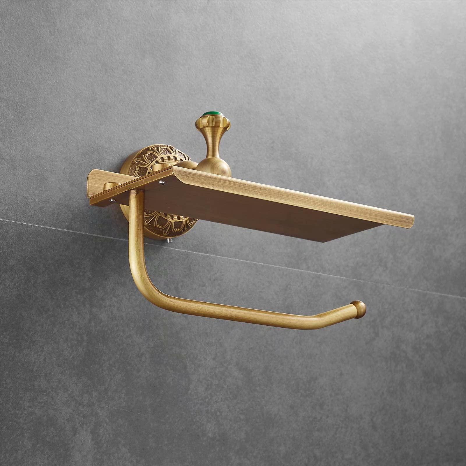 Beelee Solid Brass Wall-Mounted Toilet Paper Holder with Phone Shelf - Antique Brass Bathroom Tissue Roll Dispenser - Perfect for Bathroom, Powder Room & Vanity Organization