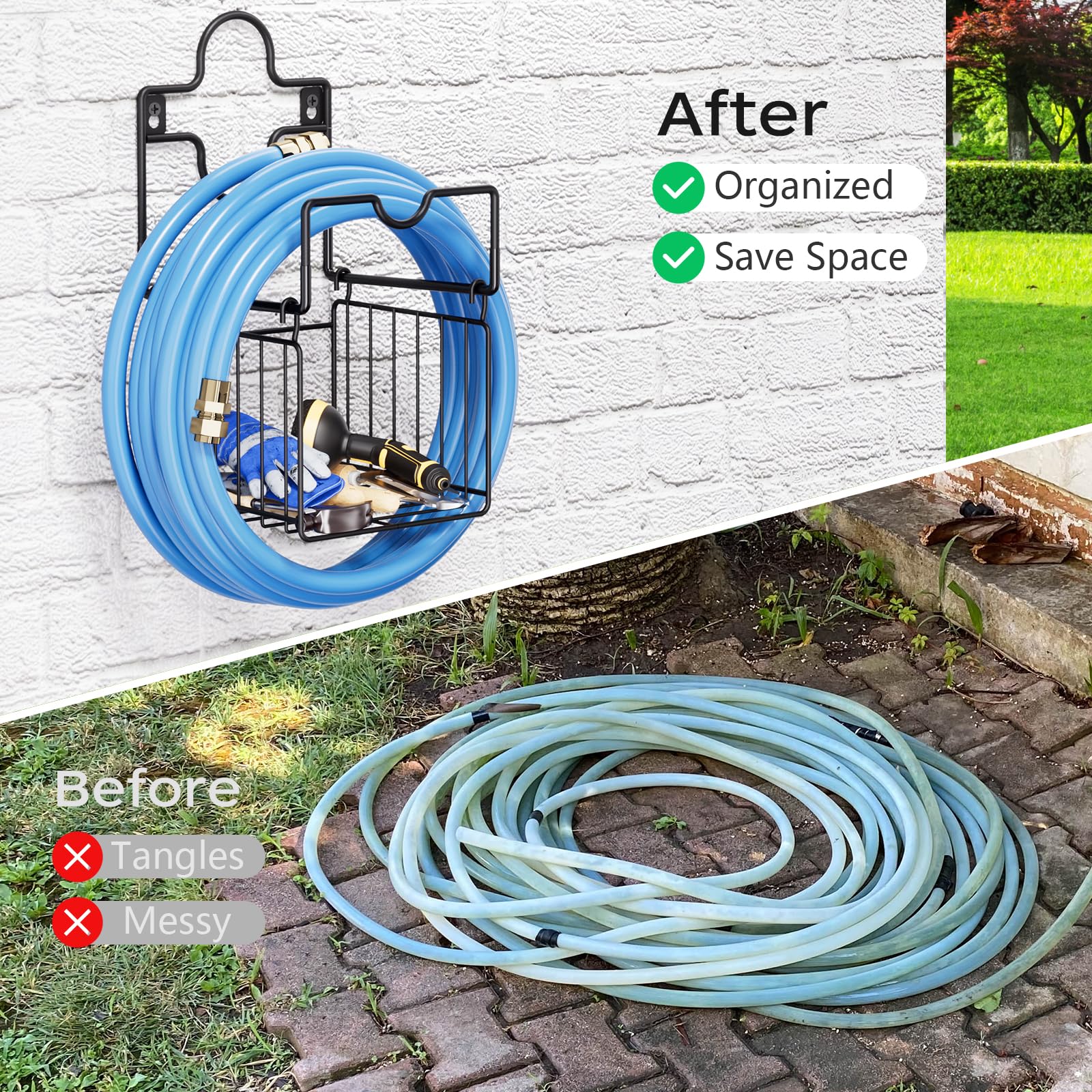 Heavy Duty Metal Hose Holder - Wall Mount with Storage Basket for Garden, Yard, Garage - Durable Outdoor Water Hose Organizer