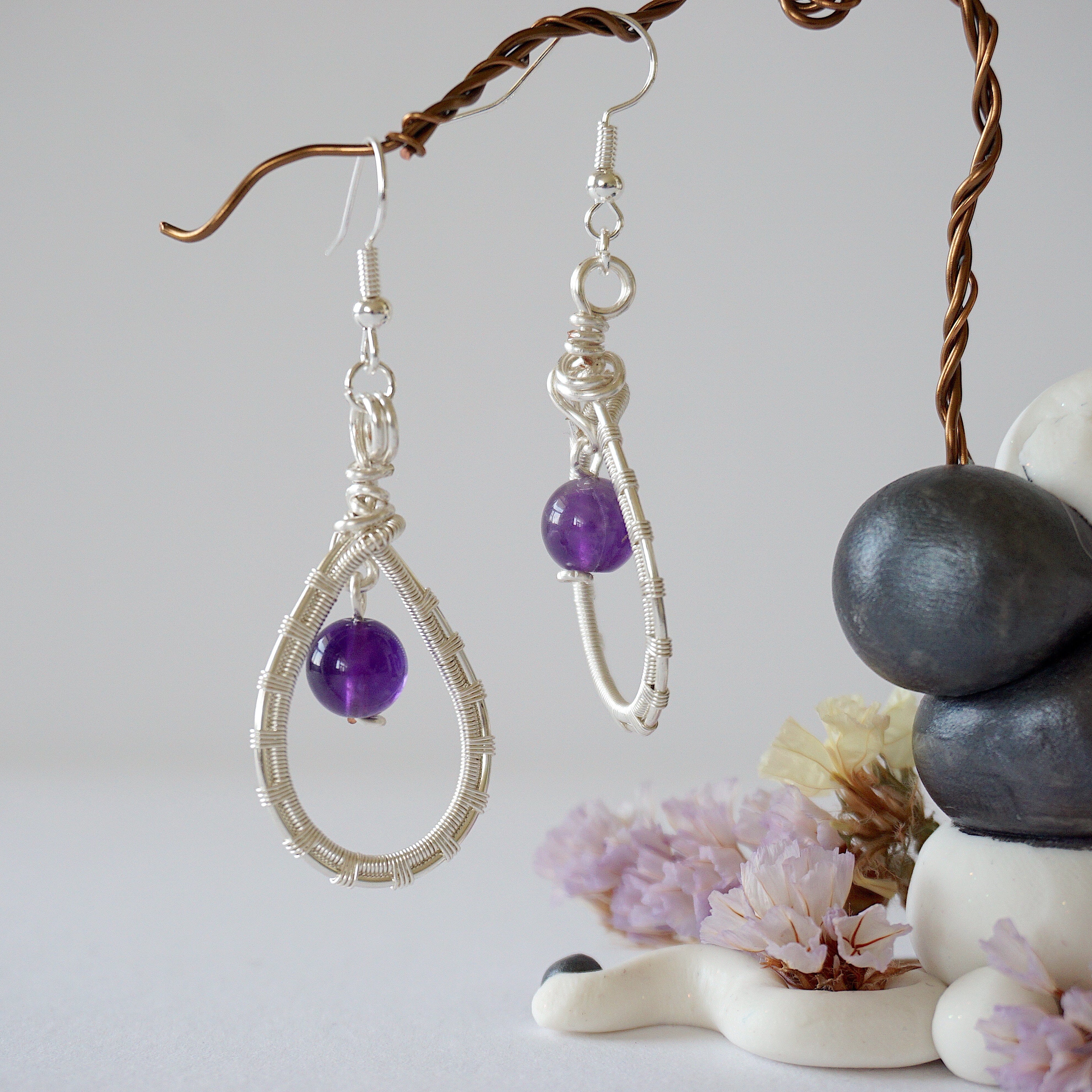Amethyst Round Wire Earrings for Women - Silver Plated Dangle Earrings - Elegant Purple Gemstone Jewelry for Party, Wedding & Everyday Wear