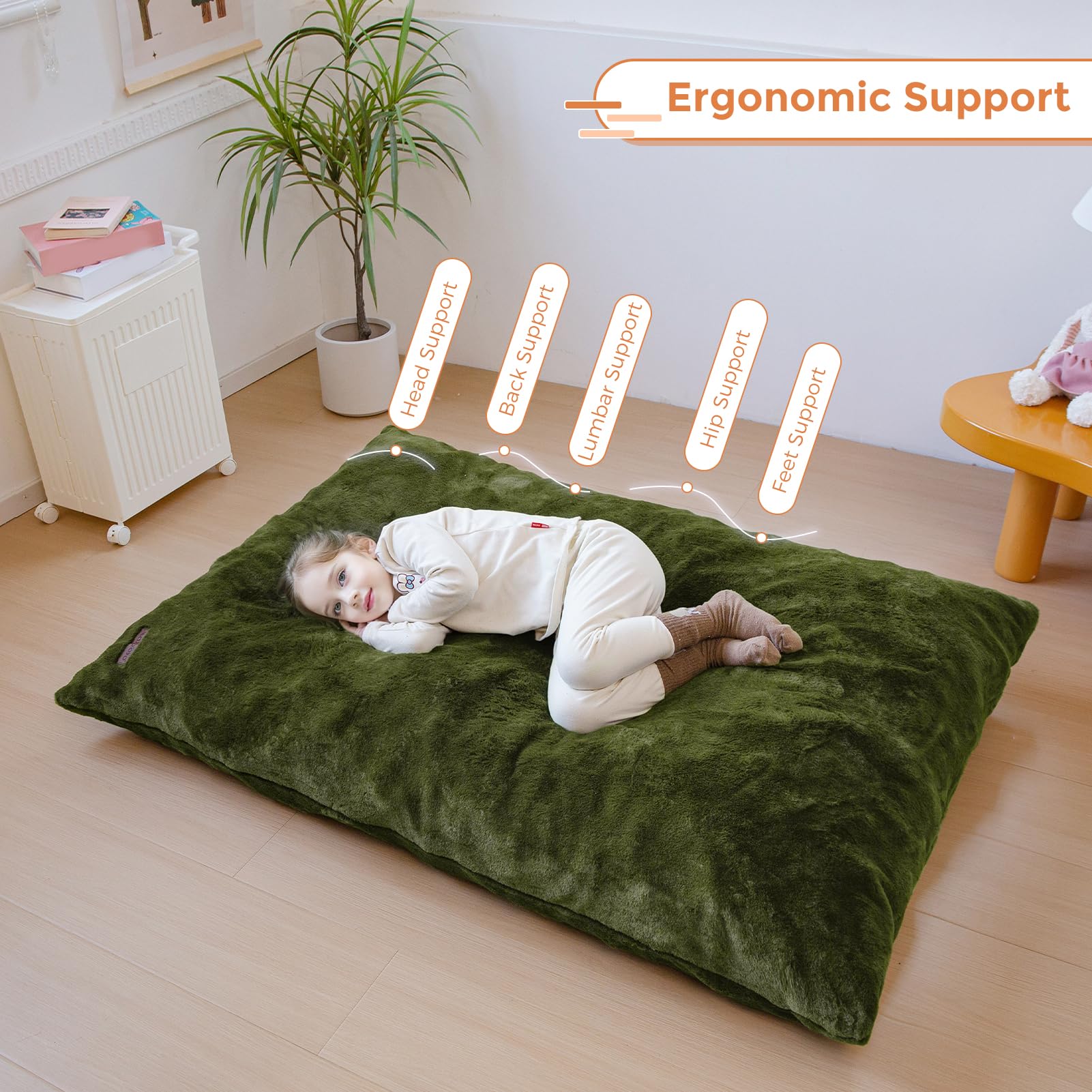 MAXYOYO 3-in-1 Kids Bean Bag Chair Bed - Soft Faux Fur Floor Sofa for Children, Gaming, Reading & Relaxing | Green Convertible Lounger for Bedroom, Playroom & Dorm