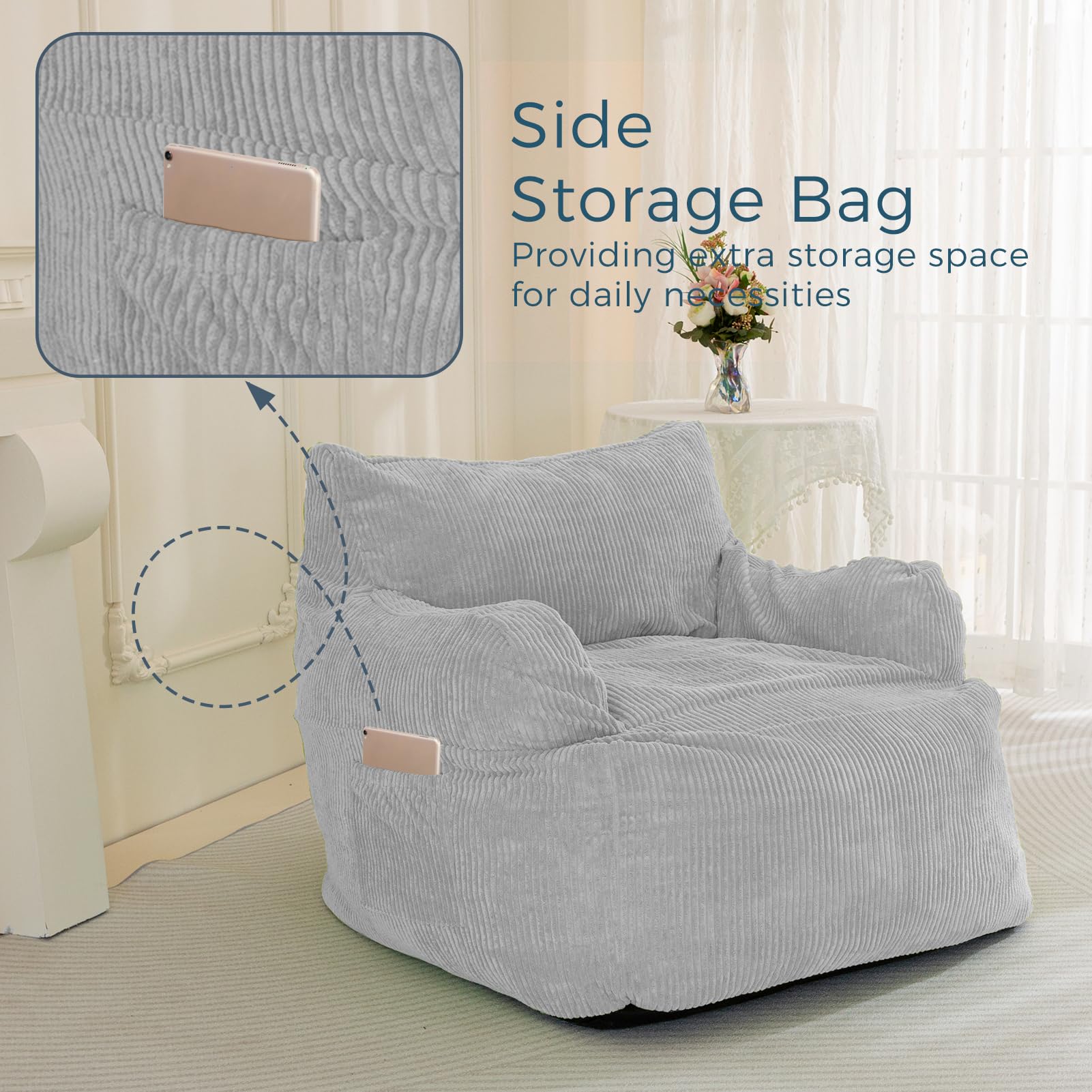 MAXYOYO Giant Bean Bag Chair - Oversized Stuffed Bean Bag Couch for Living Room, Bedroom & Game Room - Ultra Soft Grey Memory Foam Lounger - Perfect for Relaxing, Gaming & Movie Nights