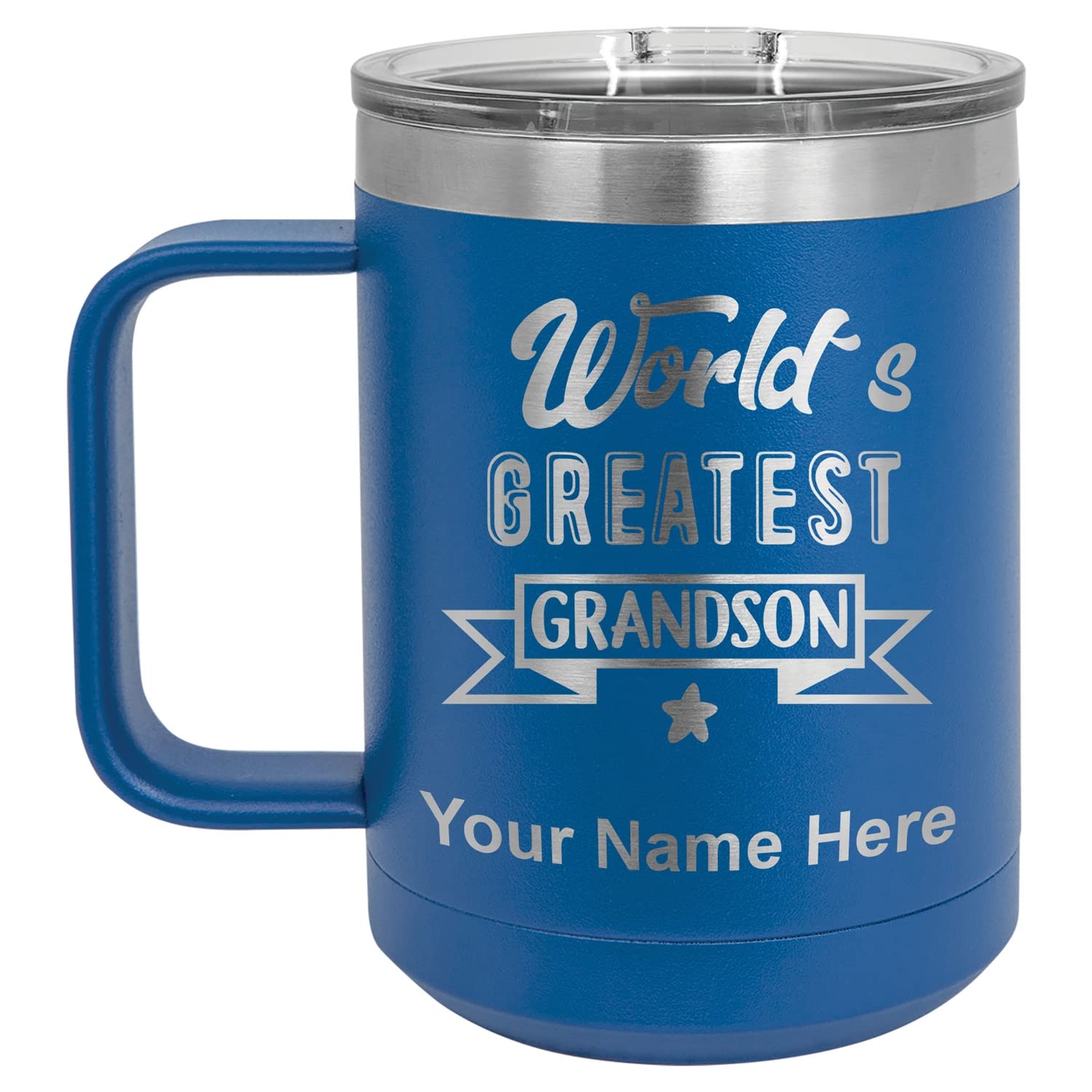LaserGram 15oz Vacuum Insulated Stainless Steel Coffee Mug with Personalized Engraving - Leakproof Travel Tumbler for Hot & Cold Drinks - Perfect Gift for Grandson (Dark Blue) - Ideal for Office, Commuting & Outdoor Activities