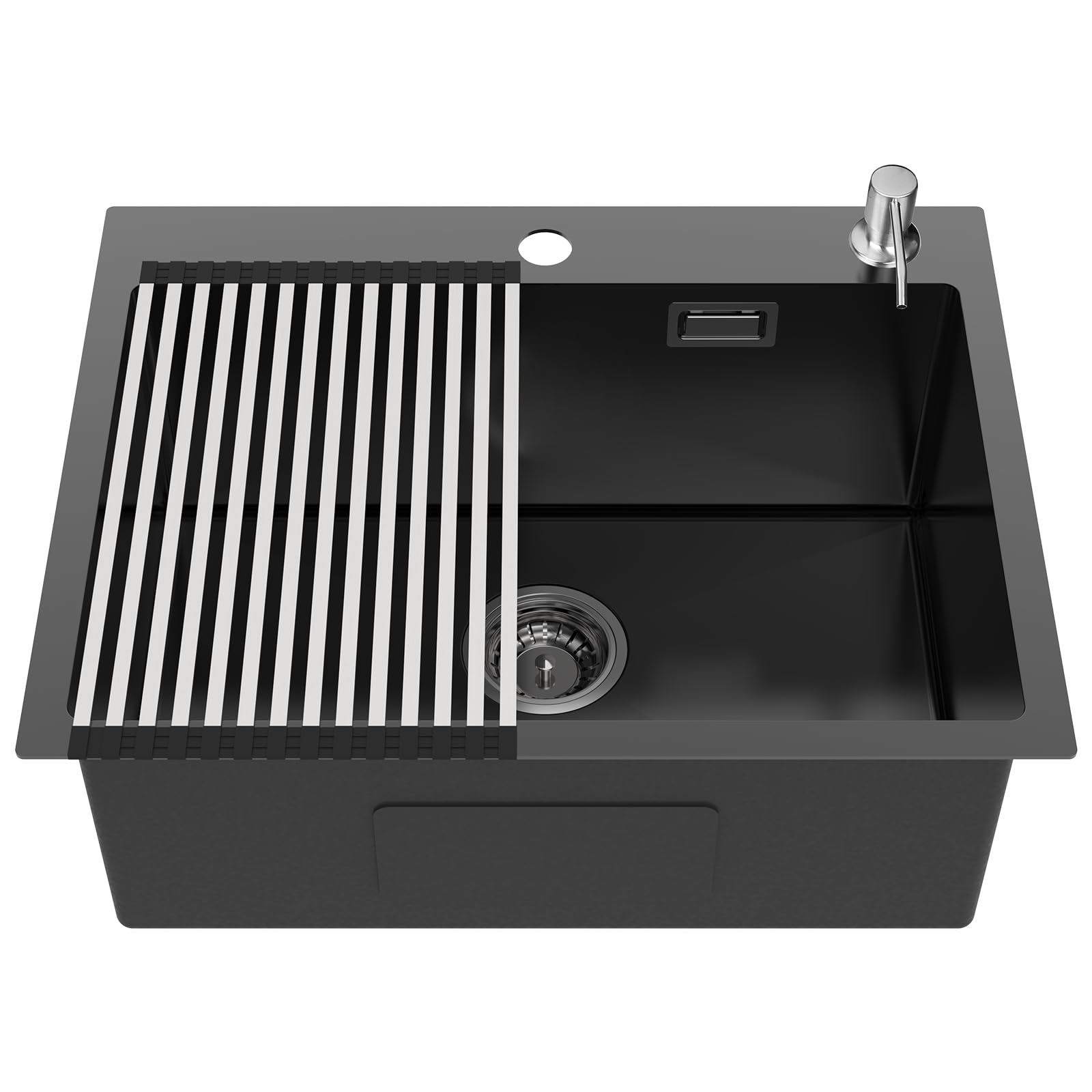 Lonheo 58 x 45 cm Black Kitchen Sink with Foldable Drainboard & Soap Dispenser - Single Bowl Stainless Steel Sink with Drainage System - Perfect for Modern Kitchens, Apartments & Small Spaces