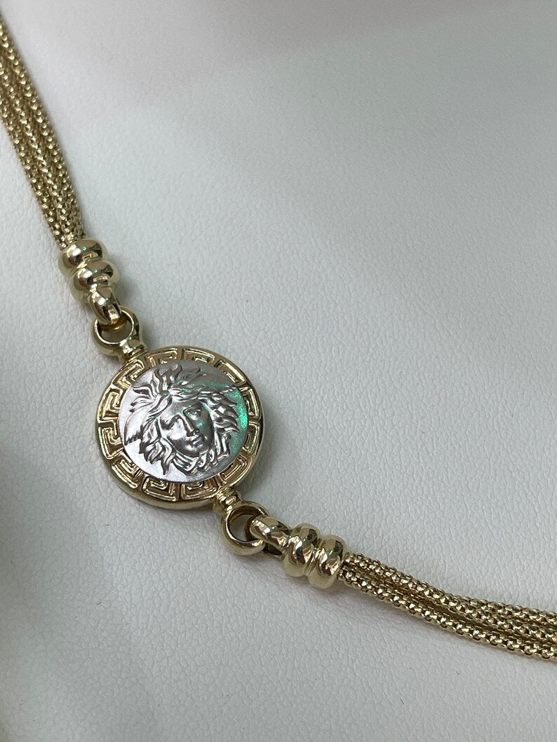 14K Solid Yellow Gold Medusa Head Triple Box Chain Necklace - 17-19 Inches, Elegant Layered Statement Jewelry for Women, Perfect for Parties, Weddings and Special Occasions