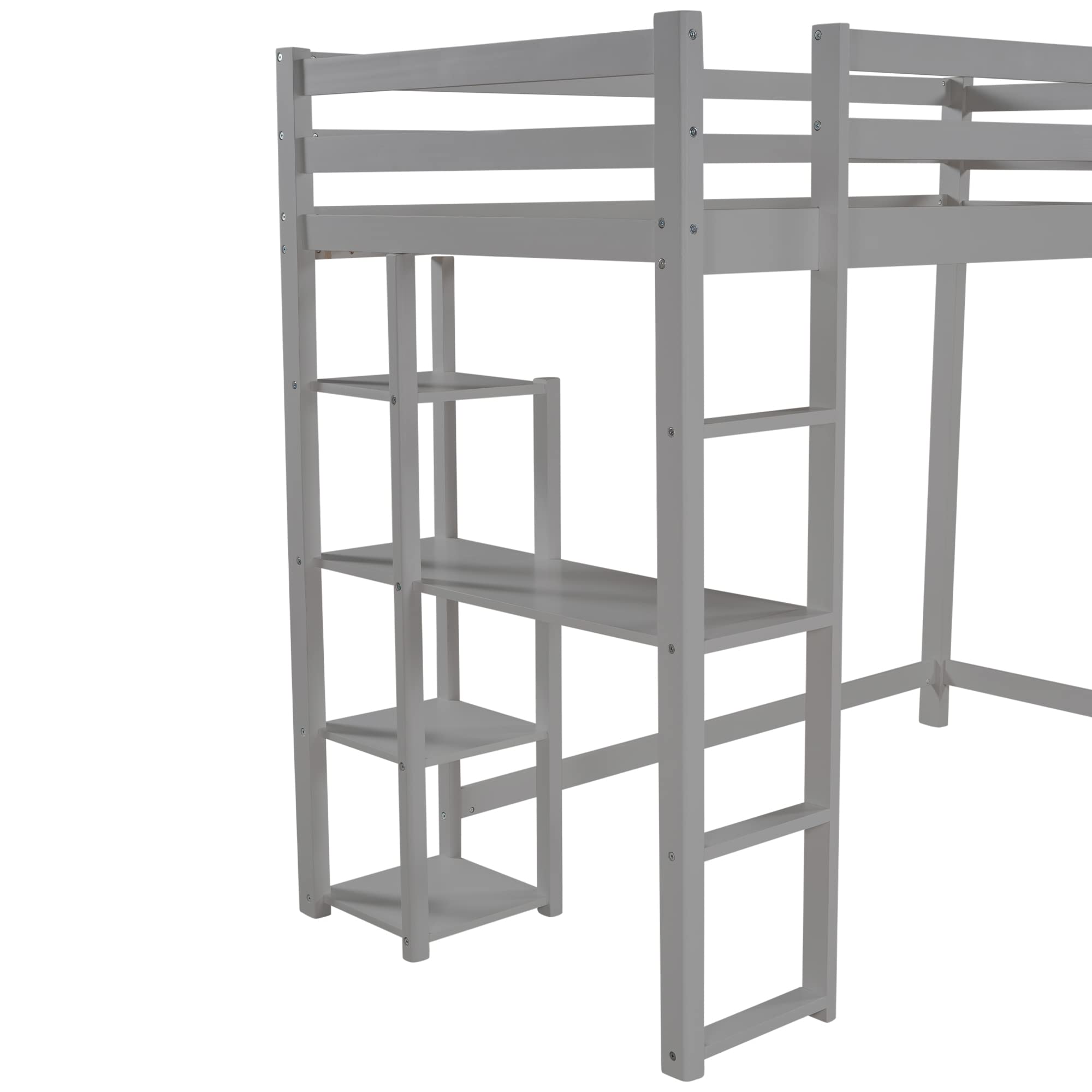 RUNNA Twin Size Loft Bed with Storage Shelves & Under-Bed Desk - Sturdy Wood Loft Bed Frame with Full-Length Guardrail & Built-in Ladder - Space-Saving Kids/Teens/Adults Bedroom Furniture (Gray) - Perfect for Small Rooms, Dorms & Apartments