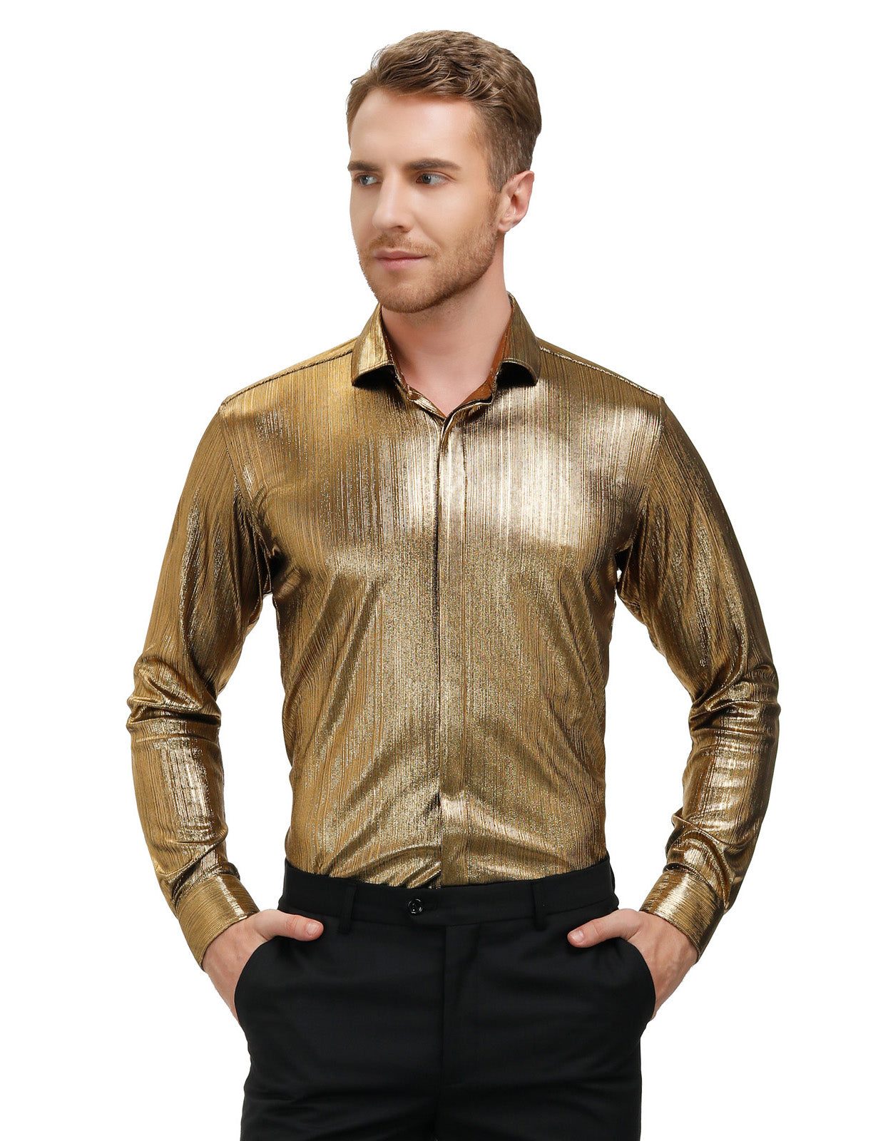 Vintage 70s Disco Metallic Dress Shirt for Men - Long Sleeve Button Down Shirt with Glitter Finish - Perfect for Halloween Costume, Themed Parties & Retro Fashion Events