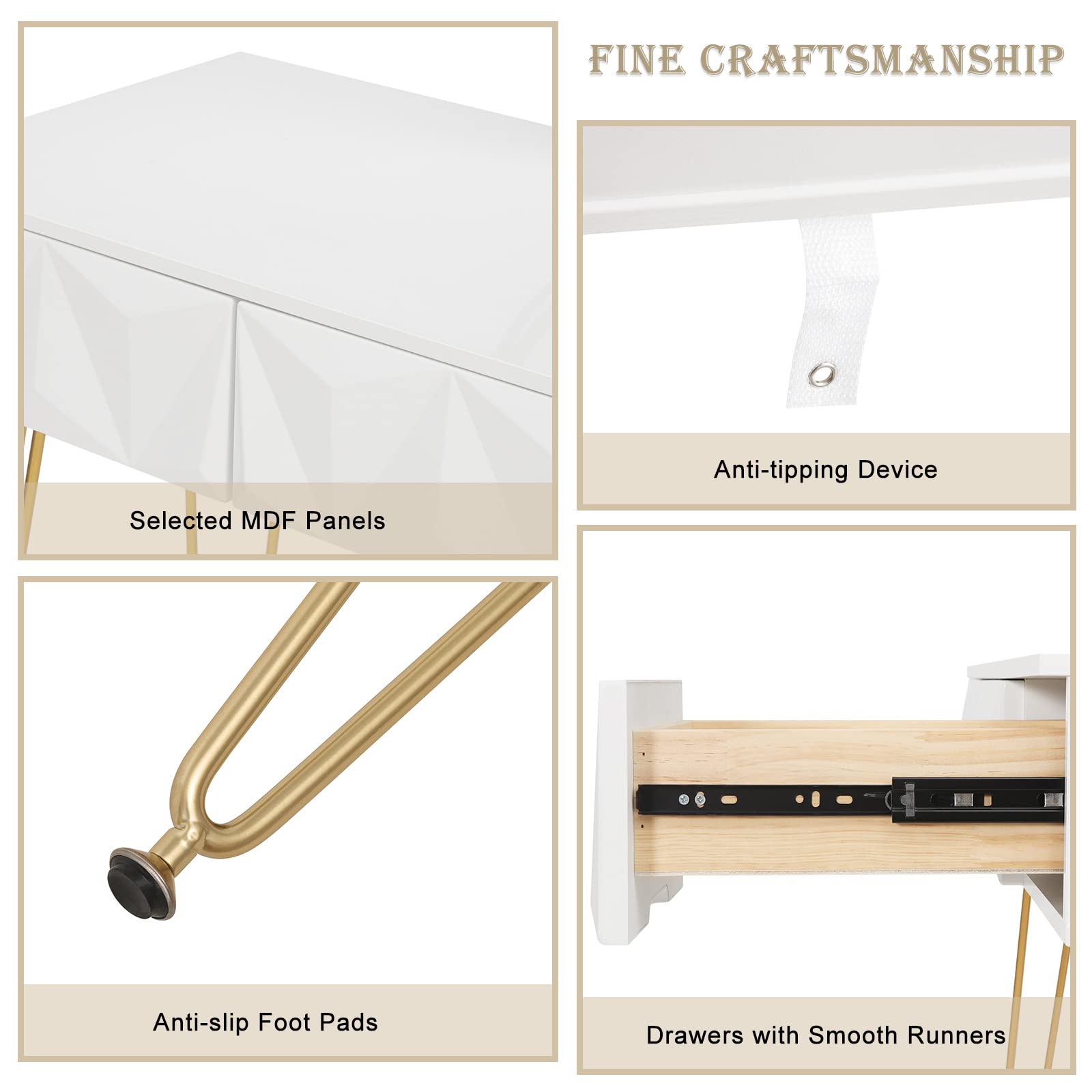 EUGAD Velvet Vanity Set with Padded Stool & 360° Swivel Mirror - Modern Makeup Dressing Table with 3 Drawers, White & Gold (Wood + Metal) - Perfect for Bedroom, Dressing Room & Beauty Salon