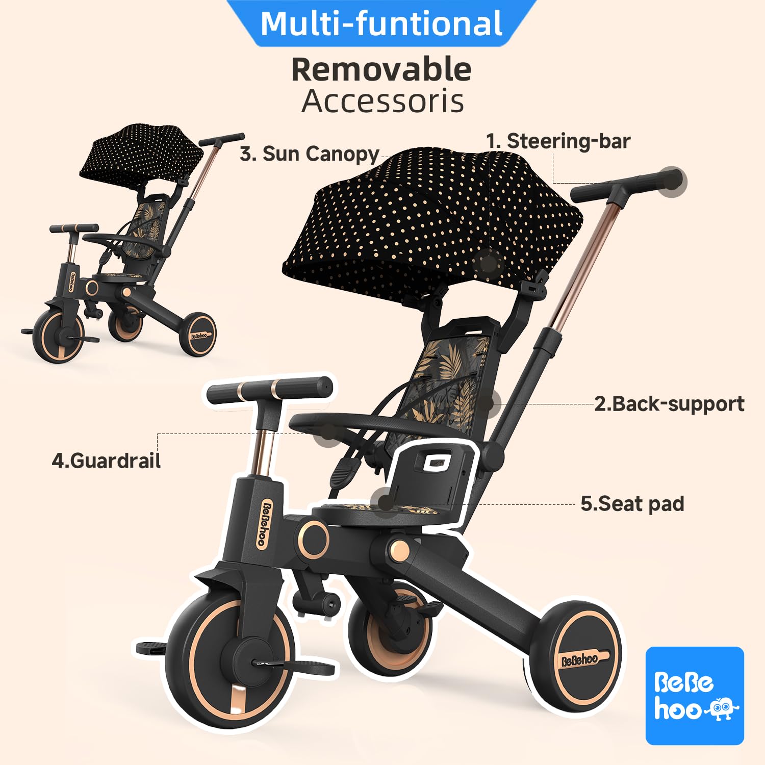 7-in-1 Foldable Tricycle Stroller for Toddlers 1-5 Years - Adjustable Kids Balance Bike with Push Handle, Safe Baby Tricycle for Outdoor Play, Park Rides & Neighborhood Walks (Gold)