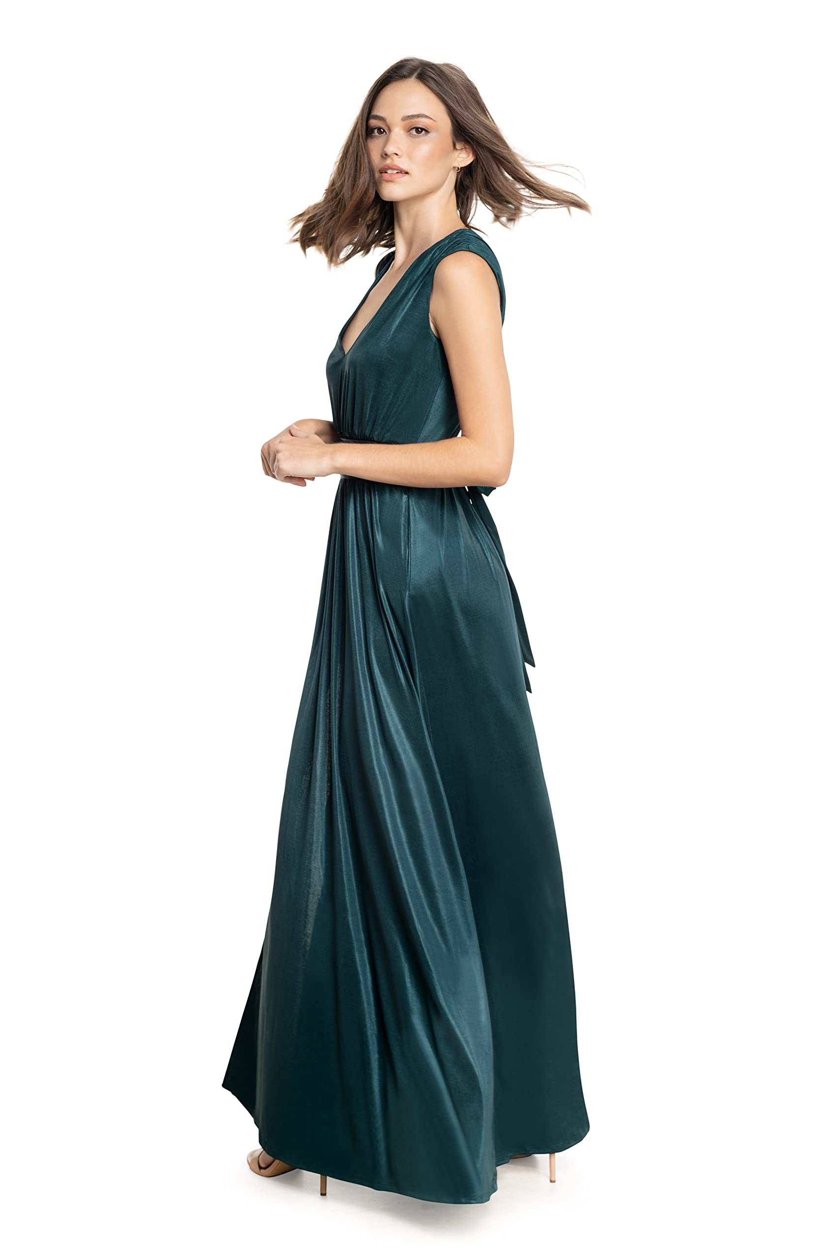 DRESS THE POPULATION Women's Krista V-Neck Tie Waist Coated Jersey Slit Front Maxi Dress | Elegant Evening Gown for Weddings, Parties & Special Occasions