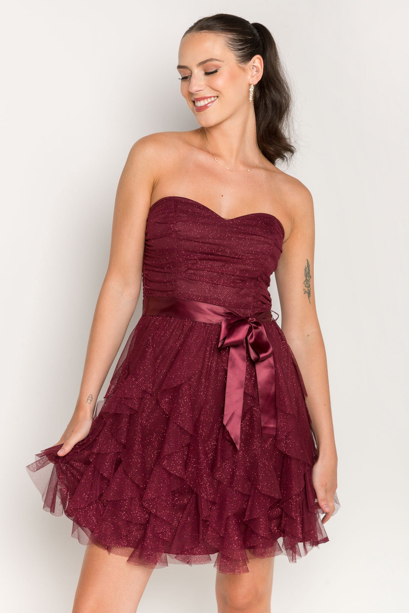 Sparkly Glitter Mesh Tiered Strapless Mini Dress with Adjustable Ribbon Belt for Party, Prom, Night Out, and Special Occasions